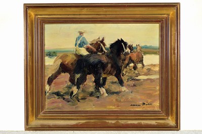 26755823k - Otto Dill, 1884 Neustadt-1957 Bad Dürkheim, rider with 4 horses on the way to the ford, oil/wood, right below sign., approx. 30x40cm, frame approx. 42x52cm