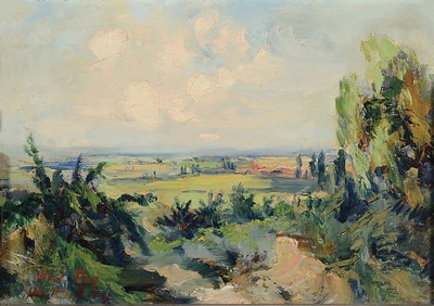 Image 26755825 - Hanns Fay, 1888 Frankenthal-1957 Neustadt. landscape in the Palatinate, view into the Rhine valley, oil/painting cardboard, lower left sign., approx. 28x40cm, frame approx. 40x52cm