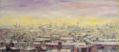 Image 26755846 - Gerda Grohmann, Würzburg artist of the late 20th century, #"Industriestadt#" so inscribed on label, signed on stretcher, panorama of an industrial city in light of the rising sun, oil/canvas, 40x90 cm, shadow gap frame made of wood 43x94 cm