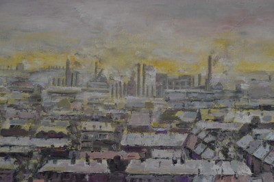 26755846b - Gerda Grohmann, Würzburg artist of the late 20th century, #"Industriestadt#" so inscribed on label, signed on stretcher, panorama of an industrial city in light of the rising sun, oil/canvas, 40x90 cm, shadow gap frame made of wood 43x94 cm
