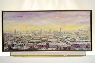 26755846k - Gerda Grohmann, Würzburg artist of the late 20th century, #"Industriestadt#" so inscribed on label, signed on stretcher, panorama of an industrial city in light of the rising sun, oil/canvas, 40x90 cm, shadow gap frame made of wood 43x94 cm
