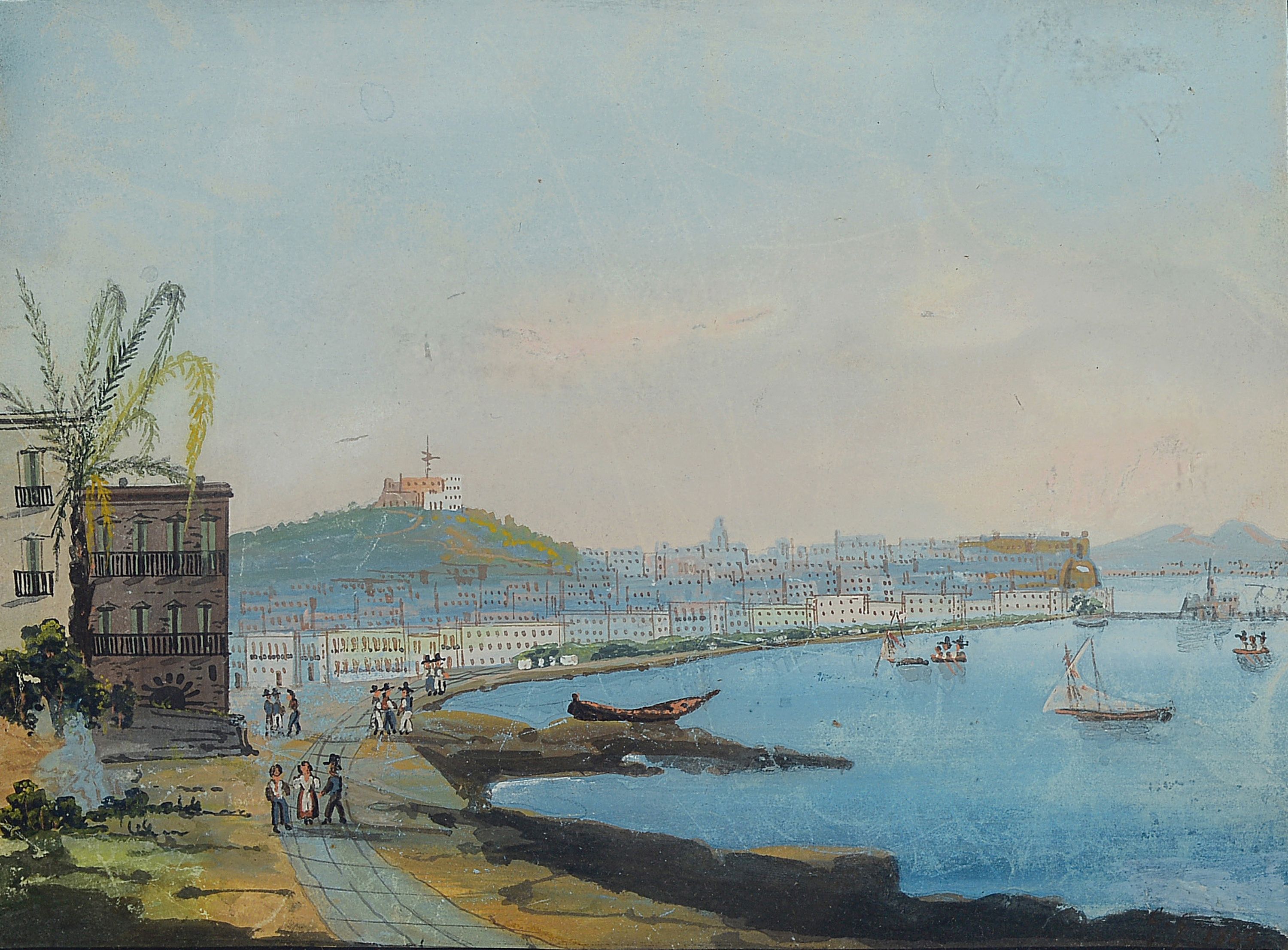 Detail a: Guglilmo Giusti, 1824 Neapel-1916, 3 Zeichnungen, Tempera auf Malkarton, Ansichten aus Neapel und Umgebung, "Napoli da Posilipo" monogr. u. ...