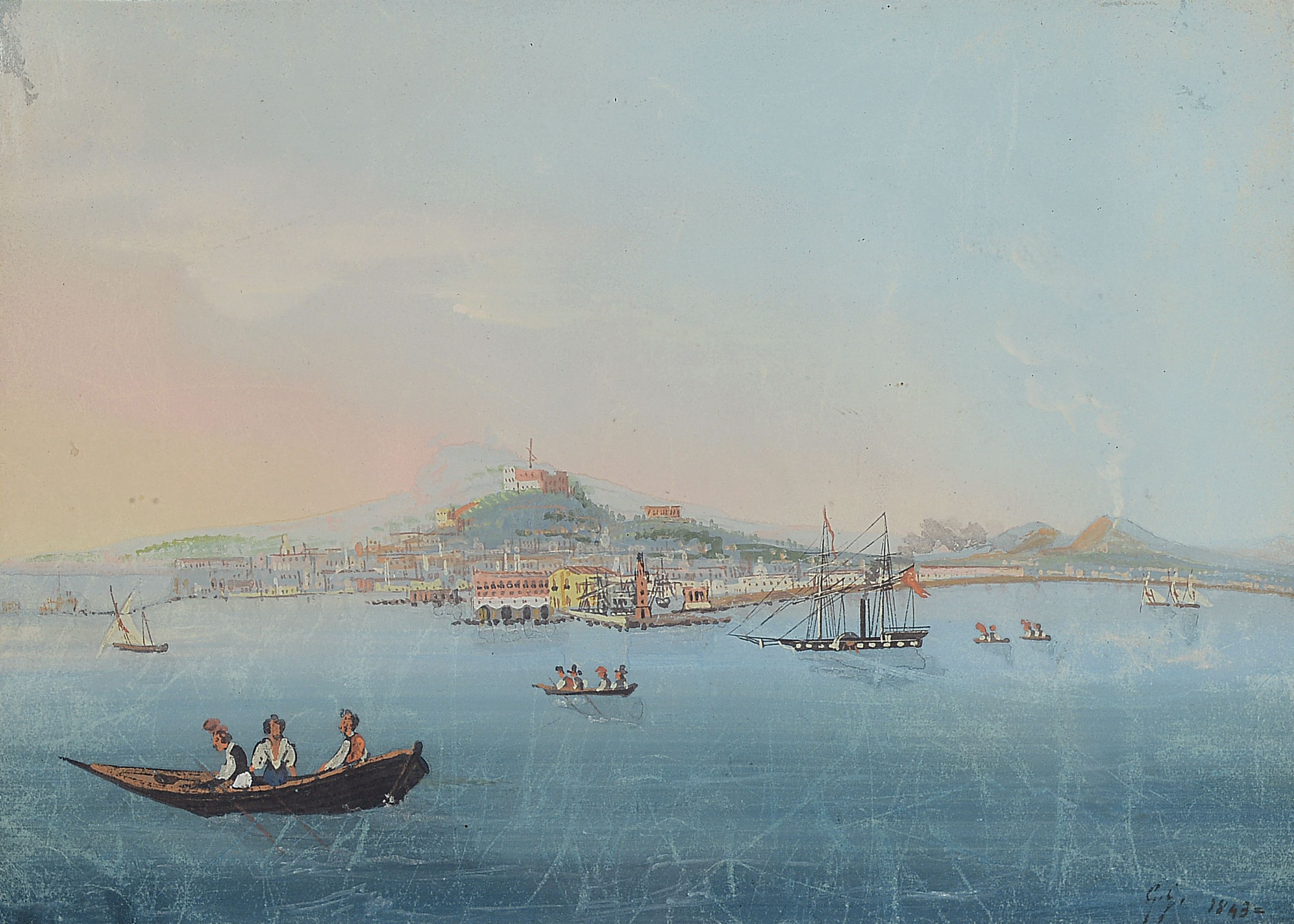 Detail b: Guglilmo Giusti, 1824 Neapel-1916, 3 Zeichnungen, Tempera auf Malkarton, Ansichten aus Neapel und Umgebung, "Napoli da Posilipo" monogr. u. ...