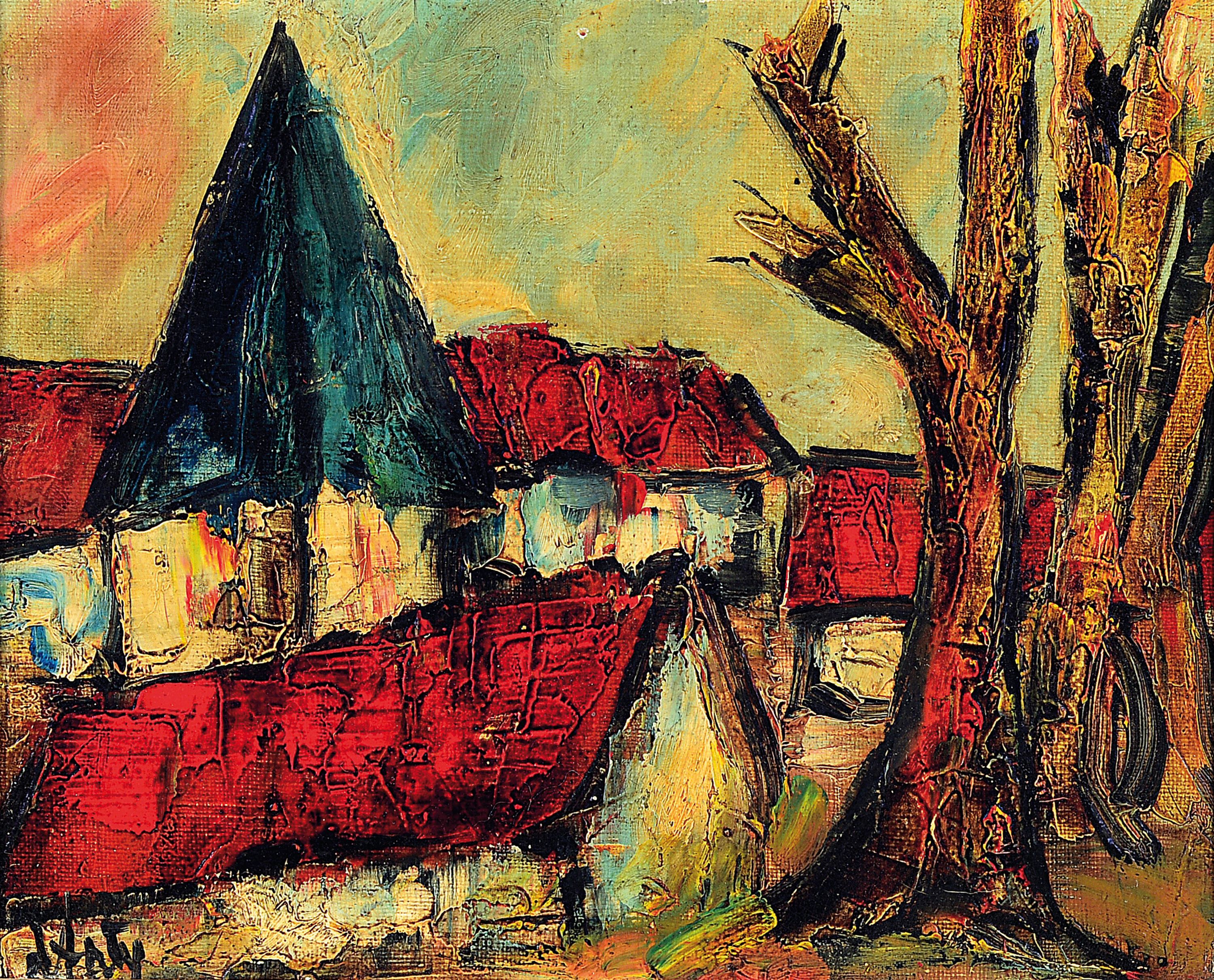 Henry Maurice D'Anty, 1910 Paris-1998, Dorfansicht, wohl Bretagne, pastoser Farbauftrag, Öl/Lwd, links unten signiert, 22x27 cm, mit Samt ...