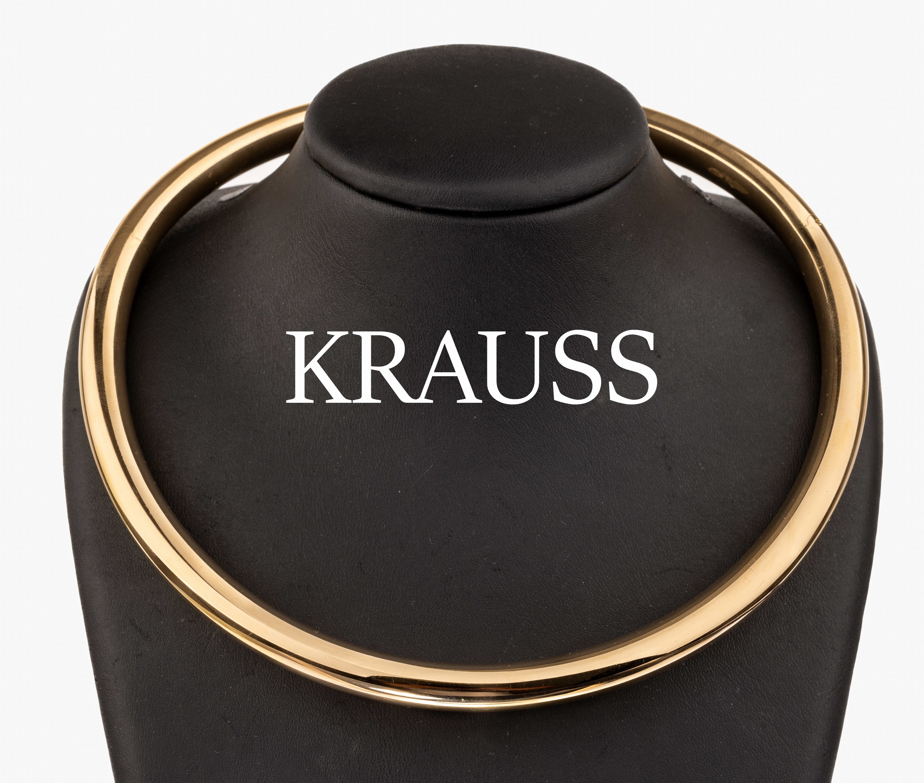 18 kt Gold Halsreif, GG 750/000, hohl gearbeitet, schlicht, ca. 15 x 14 cm, D. ca. 10 mm, 2 Klappscharniere, Kastenschloss, ca. 115.4 g, Hersteller ...