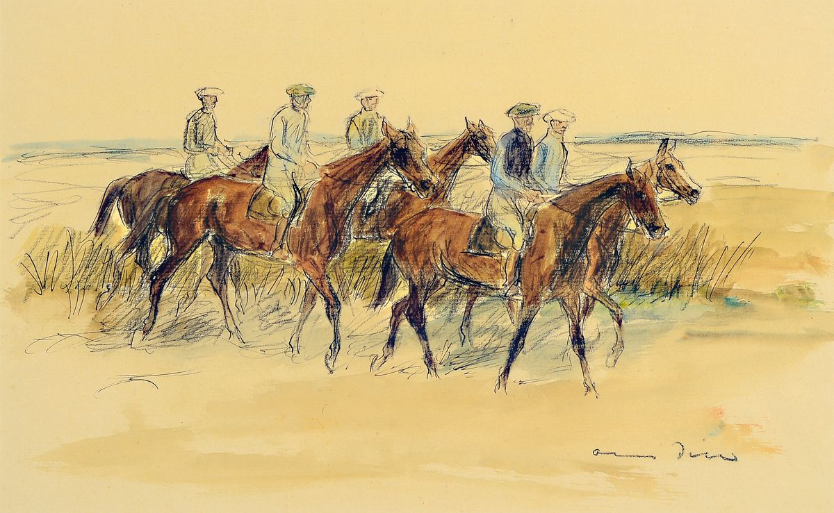 Otto Dill, 1884 Neustadt - 1957 Bad Dürkheim, fünf Reiter am Strand, aquarellierte Zeichnung, signiert, PP.-Ausschnitt ca. 25 x 40 cm, unter Glas, ...