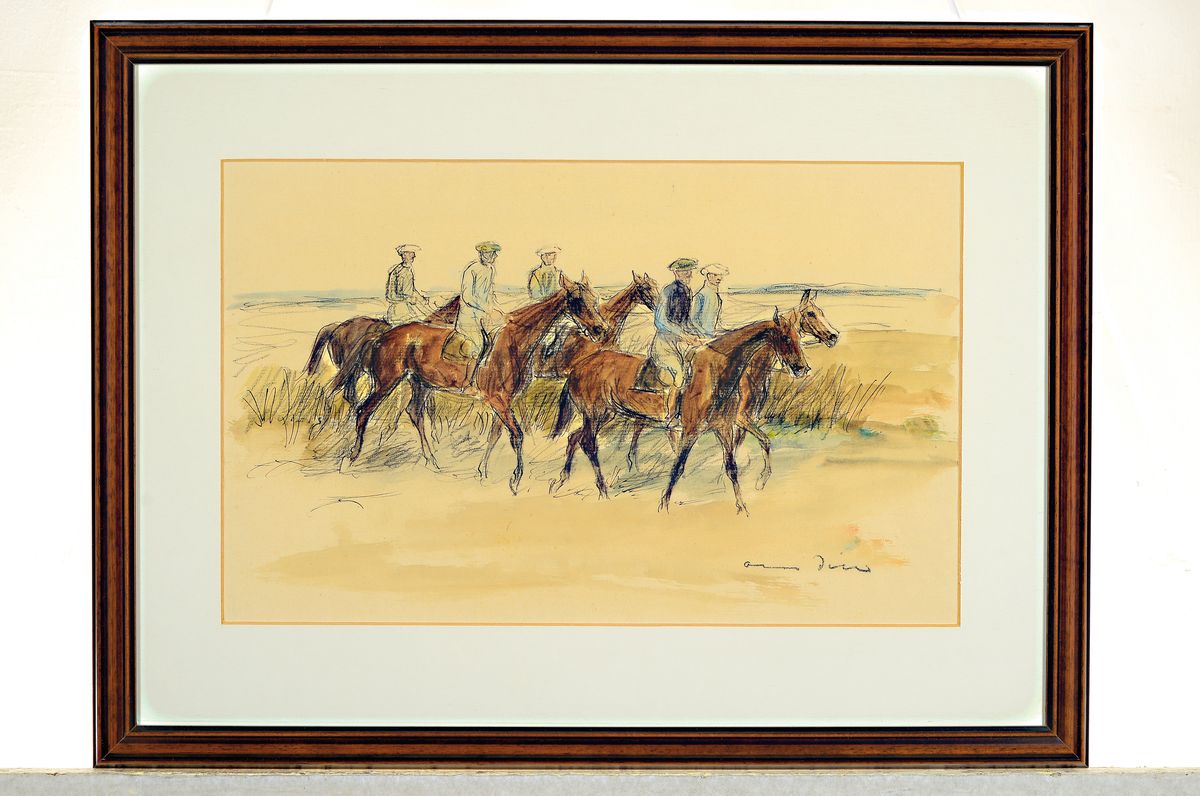 Detail k: Otto Dill, 1884 Neustadt - 1957 Bad Dürkheim, fünf Reiter am Strand, aquarellierte Zeichnung, signiert, PP.-Ausschnitt ca. 25 x 40 cm, unter Glas, ...