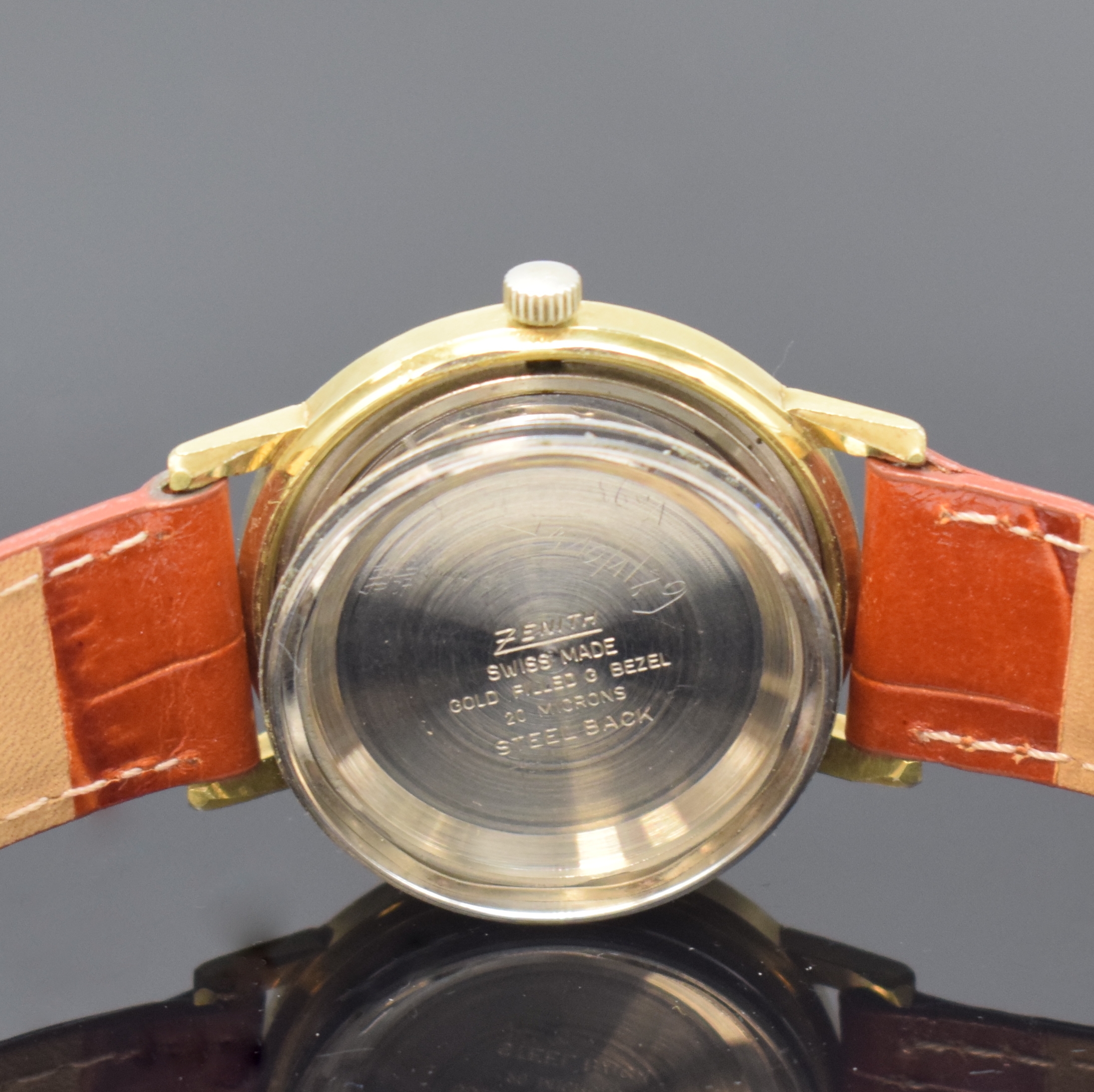 Detail f: ZENITH Gold Filled Herrenarmbanduhr, Schweiz um 1970, Automatik, Stahlboden aufgedr., silb. Zifferbl. m. aufges. gold. Std.-Ind., gold. Zeiger, ...