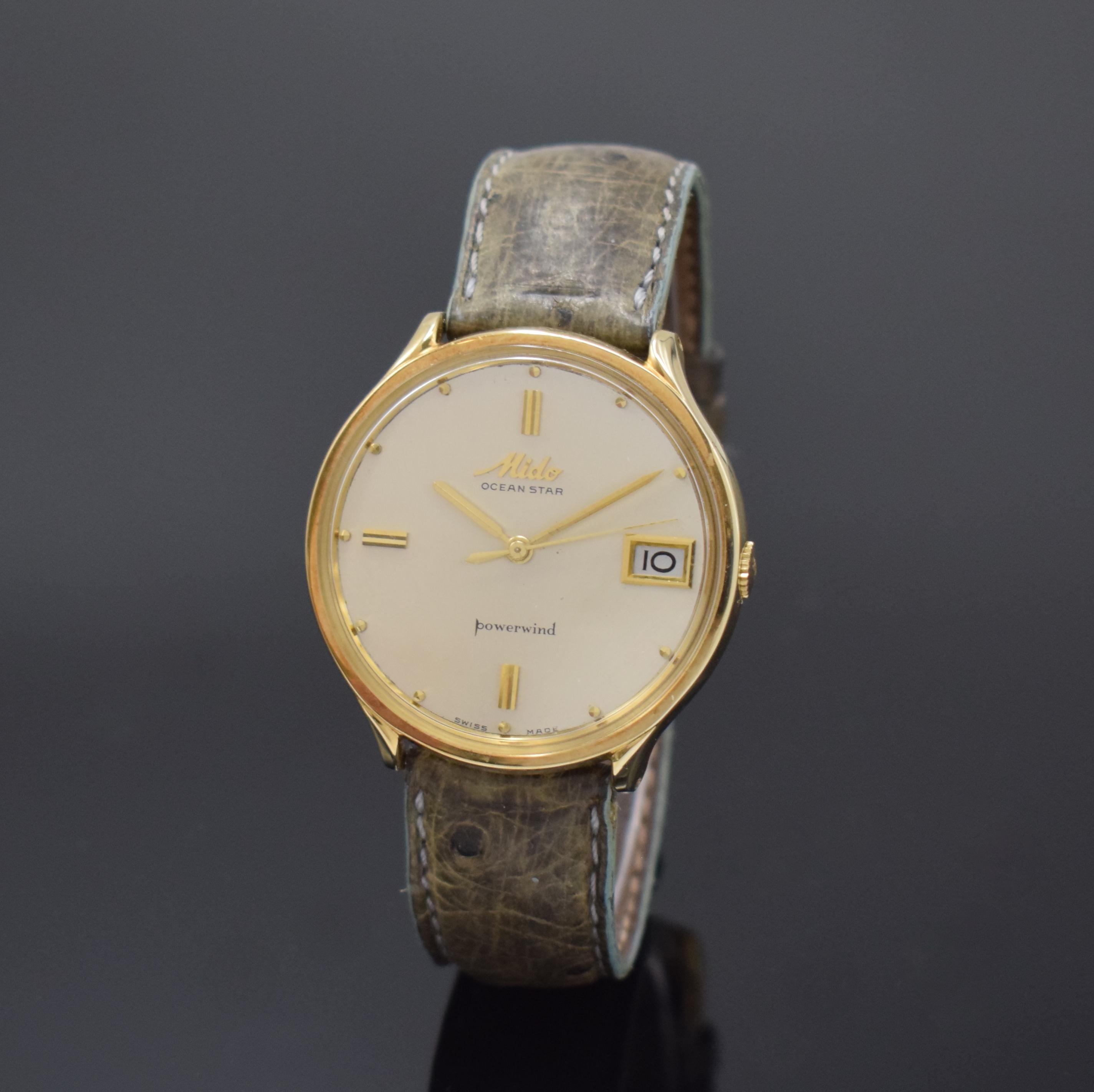 MIDO Ocean Star Powerwind seltene Armbanduhr in GG 585/000, Schweiz um 1965, Automatik, Monocoque-Geh., orig. Glas u. Krone, silb. Zifferbl. min. ...