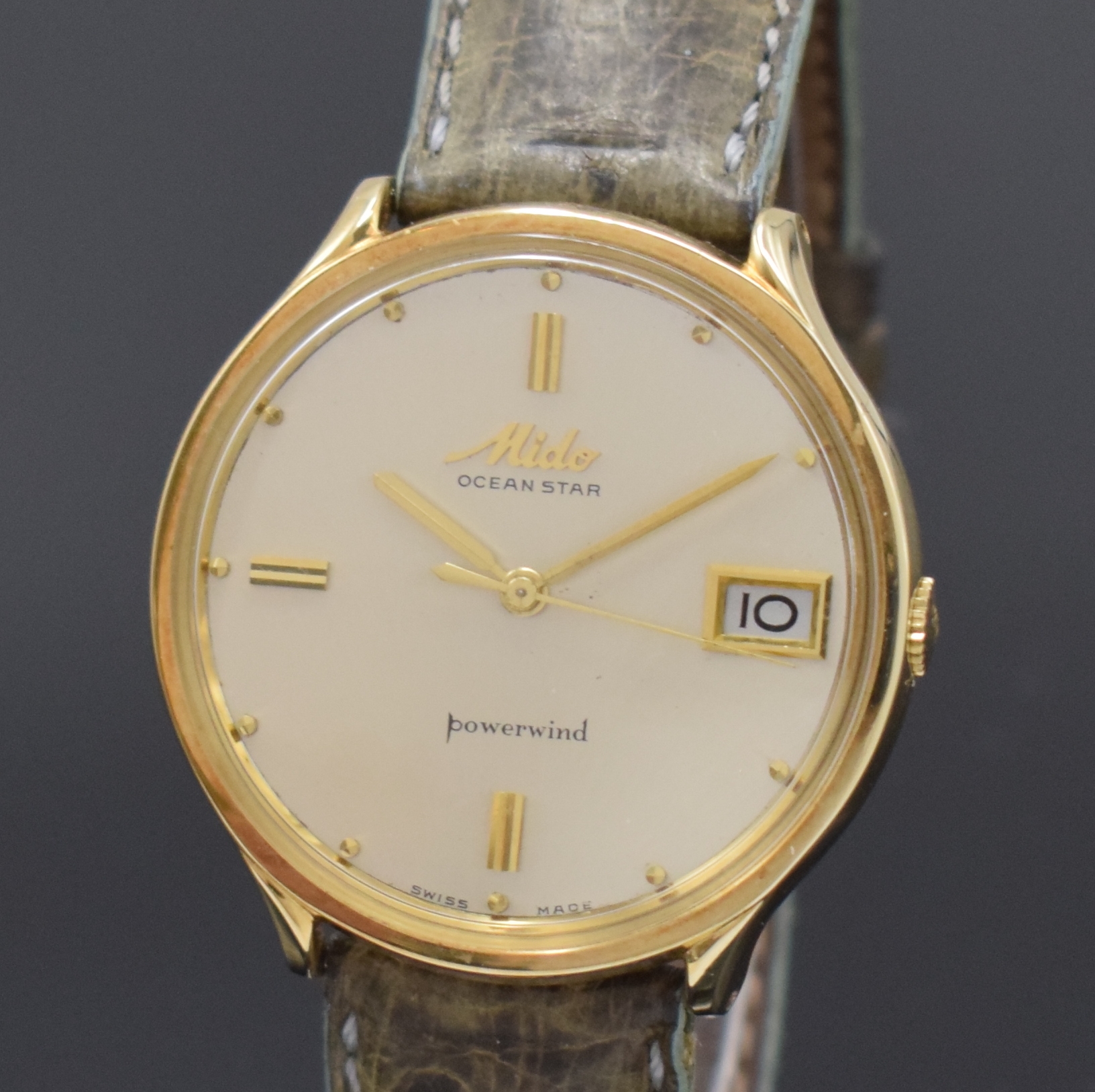 Detail a: MIDO Ocean Star Powerwind seltene Armbanduhr in GG 585/000, Schweiz um 1965, Automatik, Monocoque-Geh., orig. Glas u. Krone, silb. Zifferbl. min. ...