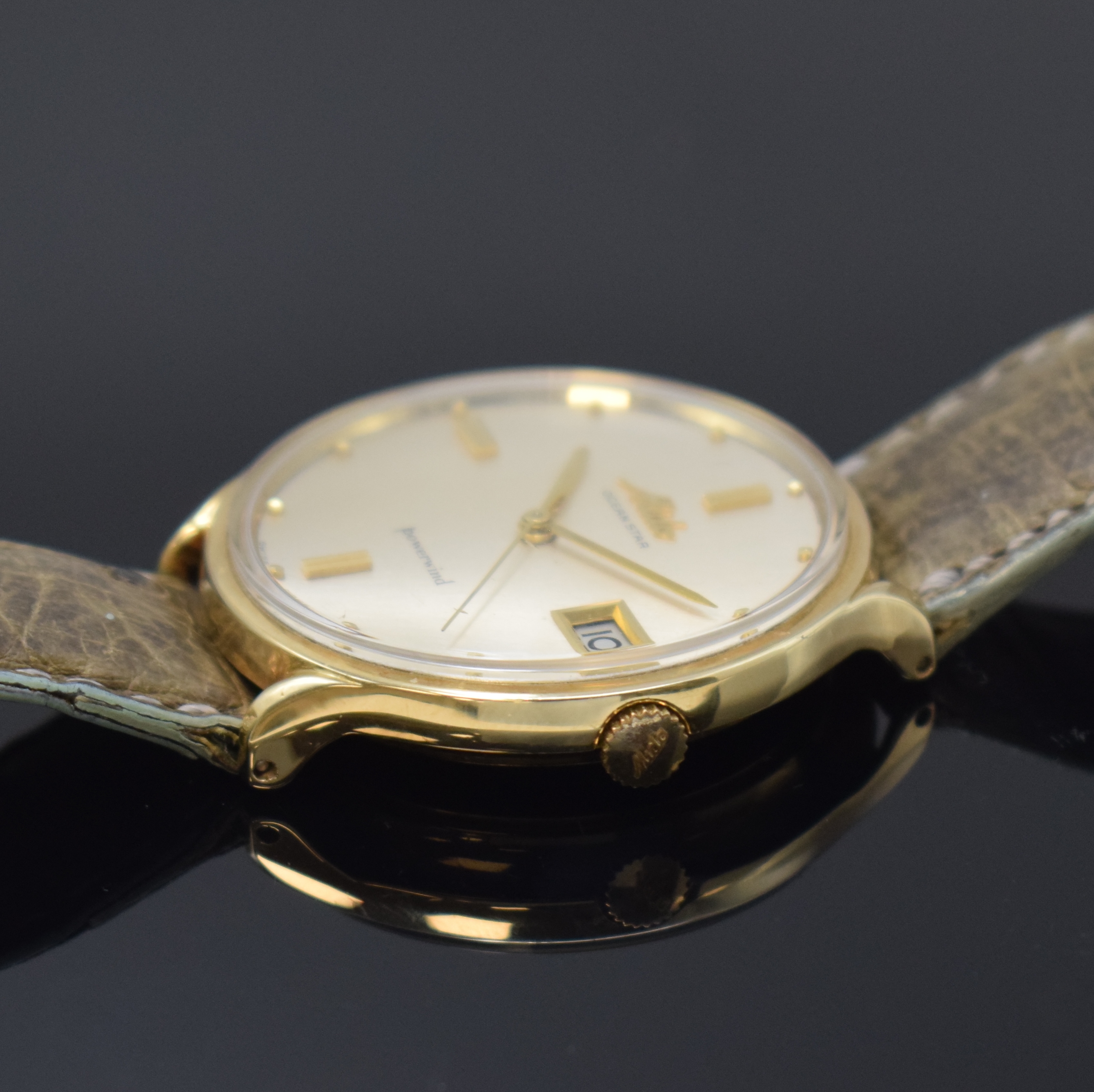 Detail b: MIDO Ocean Star Powerwind seltene Armbanduhr in GG 585/000, Schweiz um 1965, Automatik, Monocoque-Geh., orig. Glas u. Krone, silb. Zifferbl. min. ...
