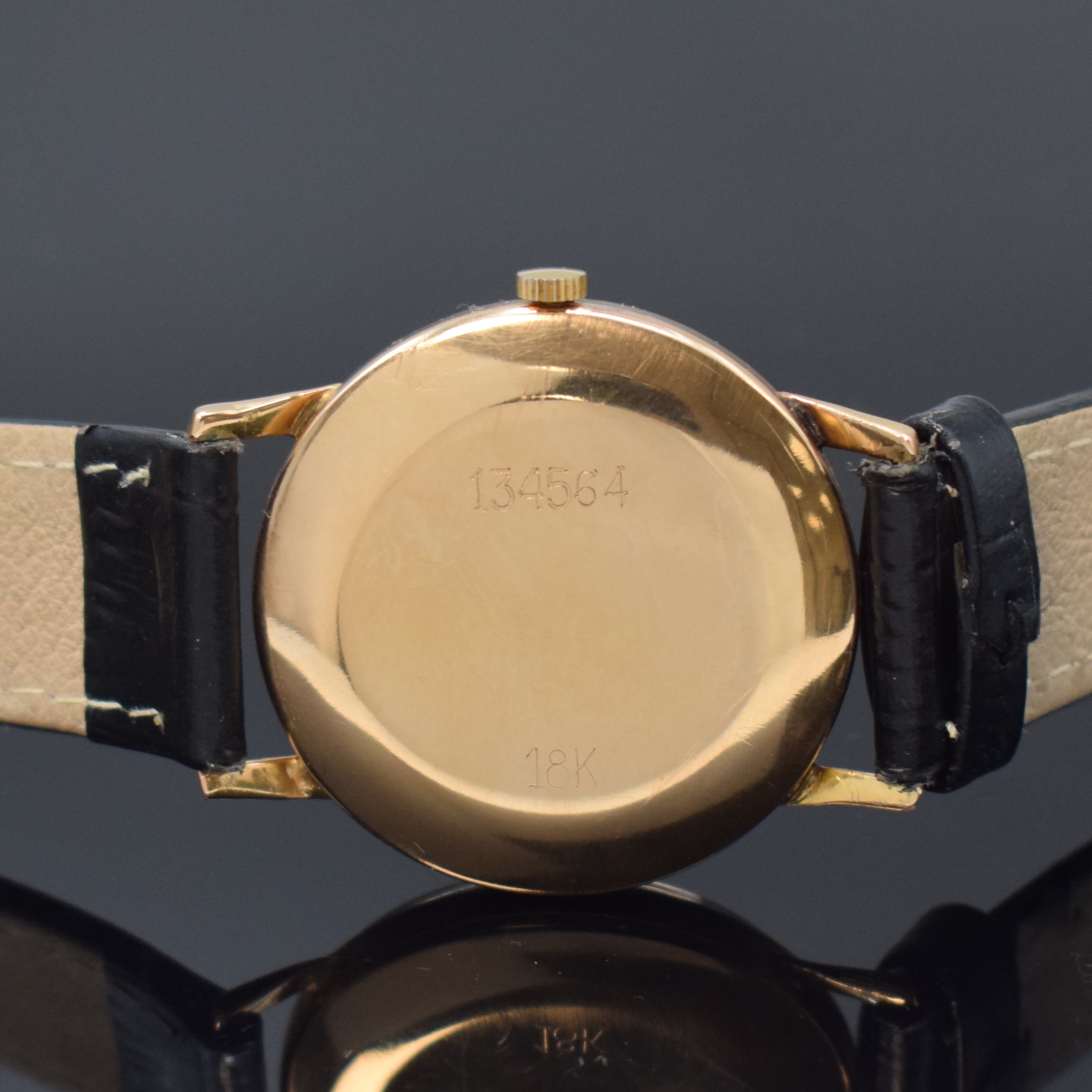 Detail c: MOVADO Celebrity Armbanduhr in RG 750/000, Schweiz um 1965, Handaufzug, neutrales 2-tlg. Geh., Boden aufgedr., rotgold. Zifferbl., rotgold. Indizes ...
