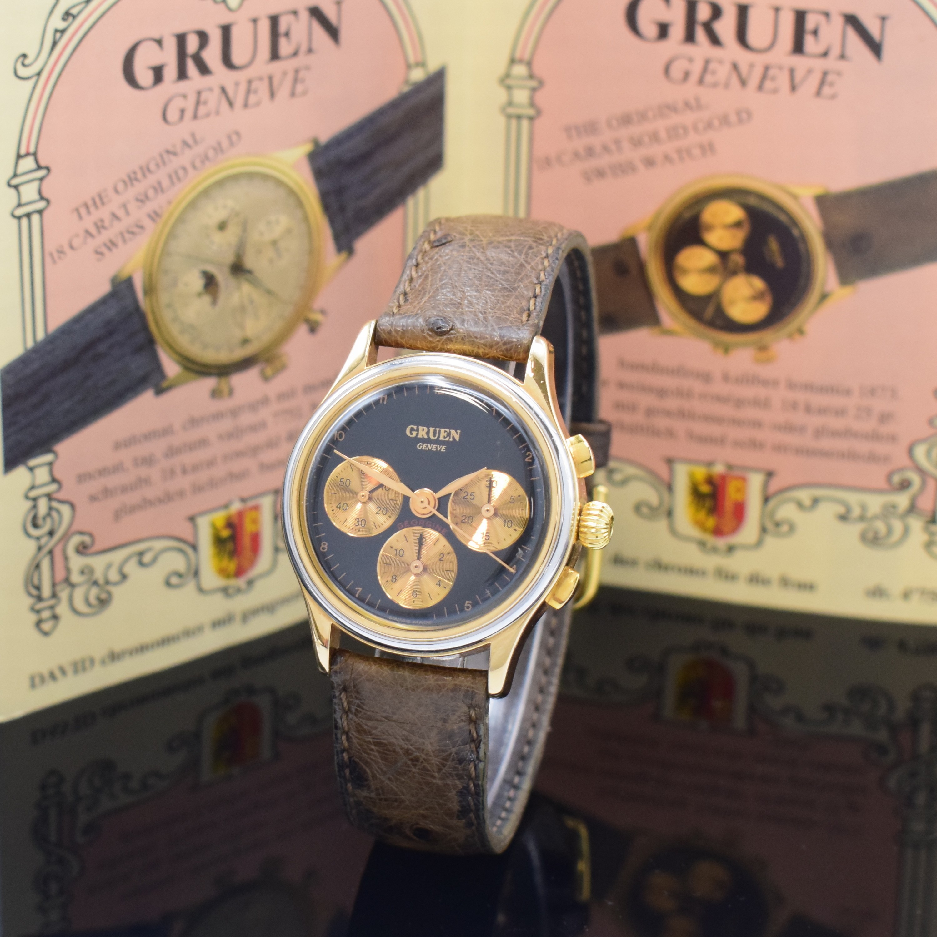 GRUEN "Georgine" Armbandchronograph in WG/RoseG 750/000, Schweiz um 1994, Handaufzug, schweres Geh., Boden aufgedr., schwarzes Zifferbl. m. ...