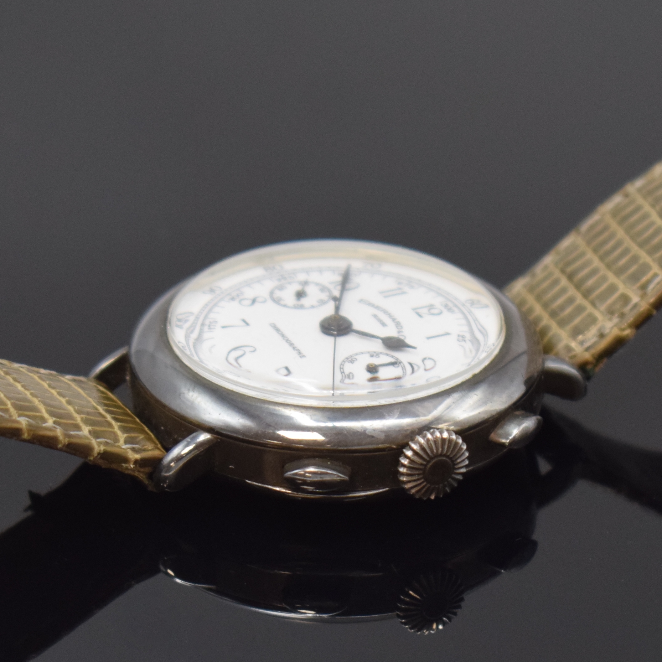 Detail b: EBERHARD & Co. Schaltradchronograph Kaliber 310-8 zum 100-jährigen Bestehen der Firma, Schweiz um 1987, Handaufzug, Sterlingsilber Scharniergeh., ...