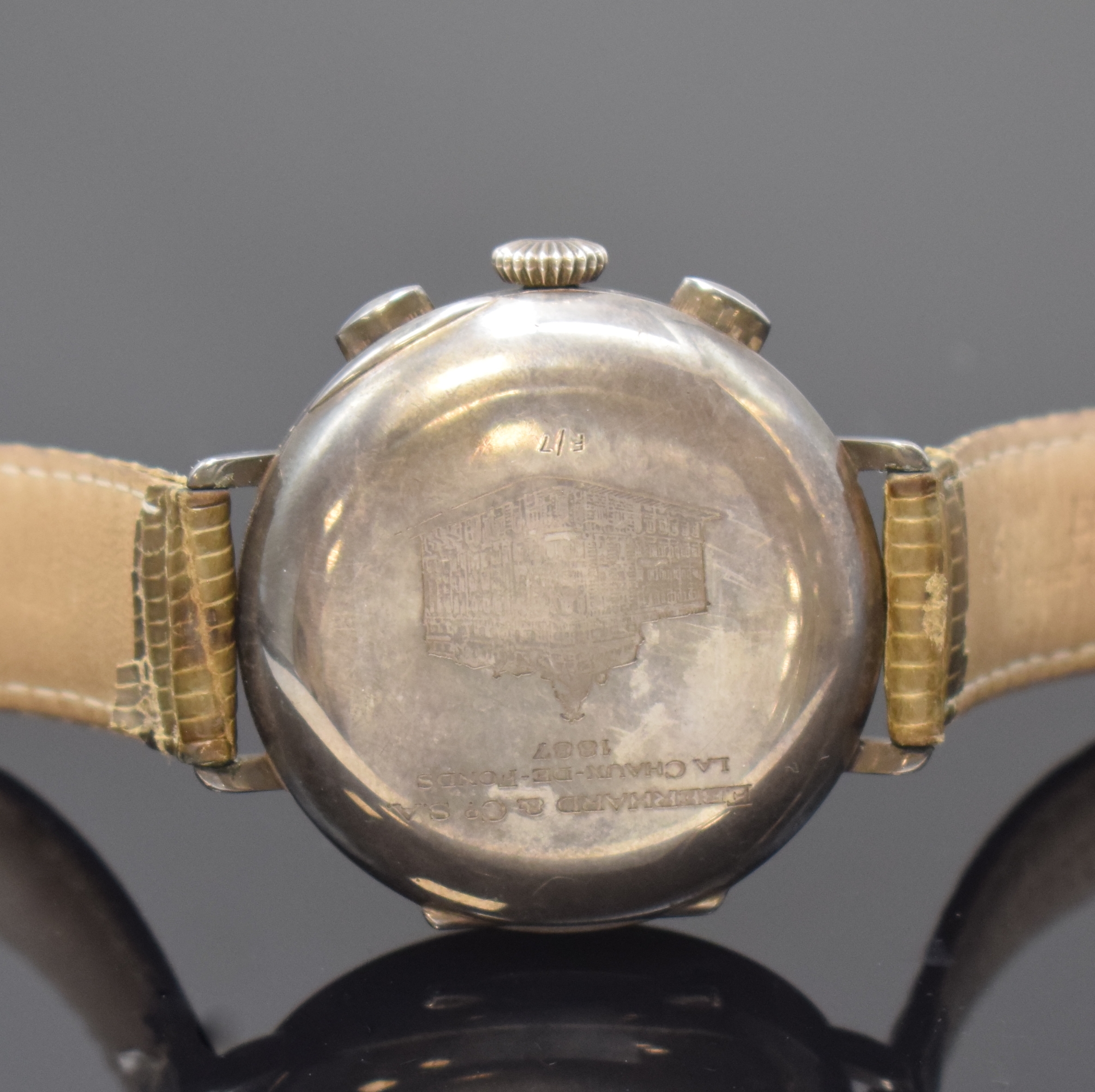 Detail c: EBERHARD & Co. Schaltradchronograph Kaliber 310-8 zum 100-jährigen Bestehen der Firma, Schweiz um 1987, Handaufzug, Sterlingsilber Scharniergeh., ...