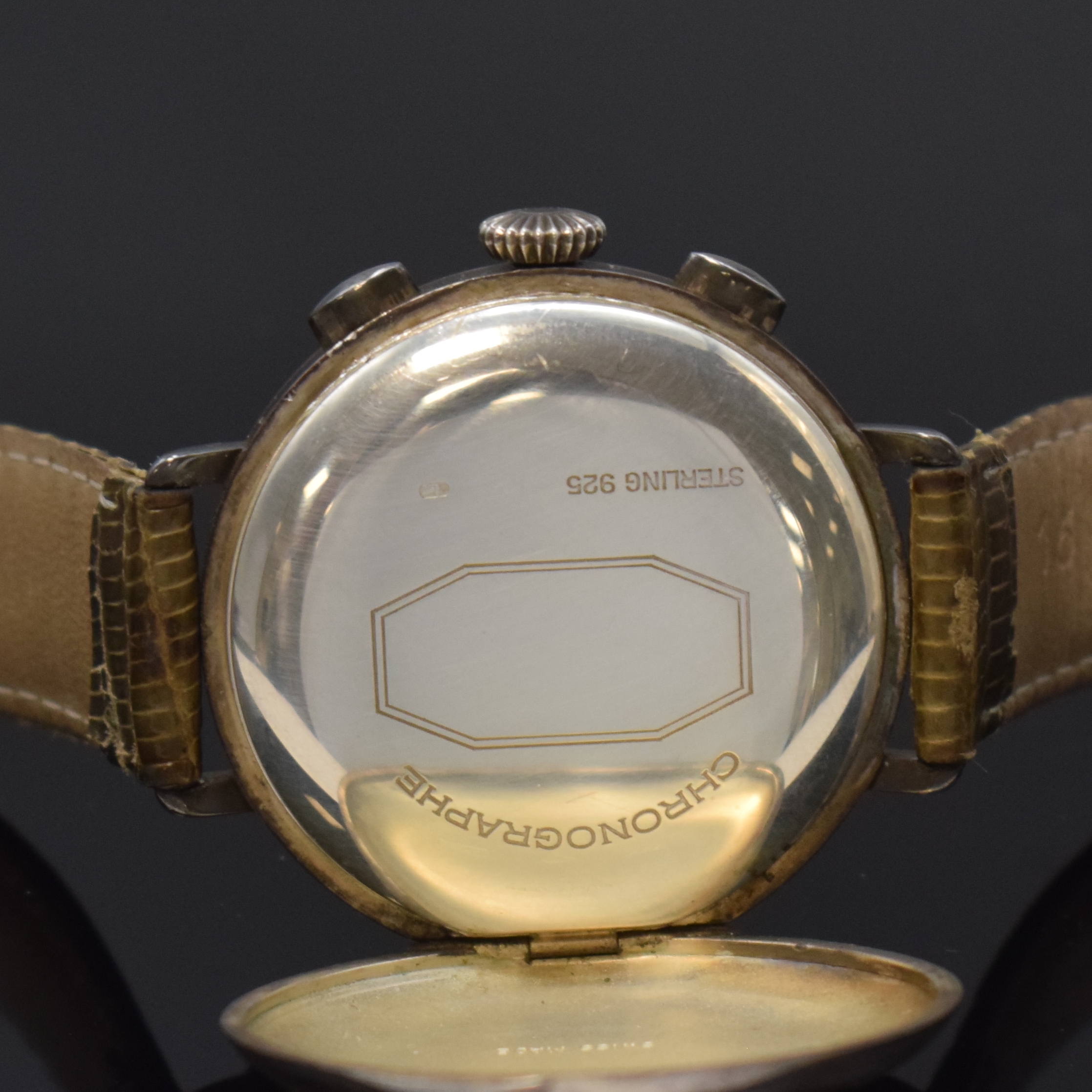 Detail e: EBERHARD & Co. Schaltradchronograph Kaliber 310-8 zum 100-jährigen Bestehen der Firma, Schweiz um 1987, Handaufzug, Sterlingsilber Scharniergeh., ...