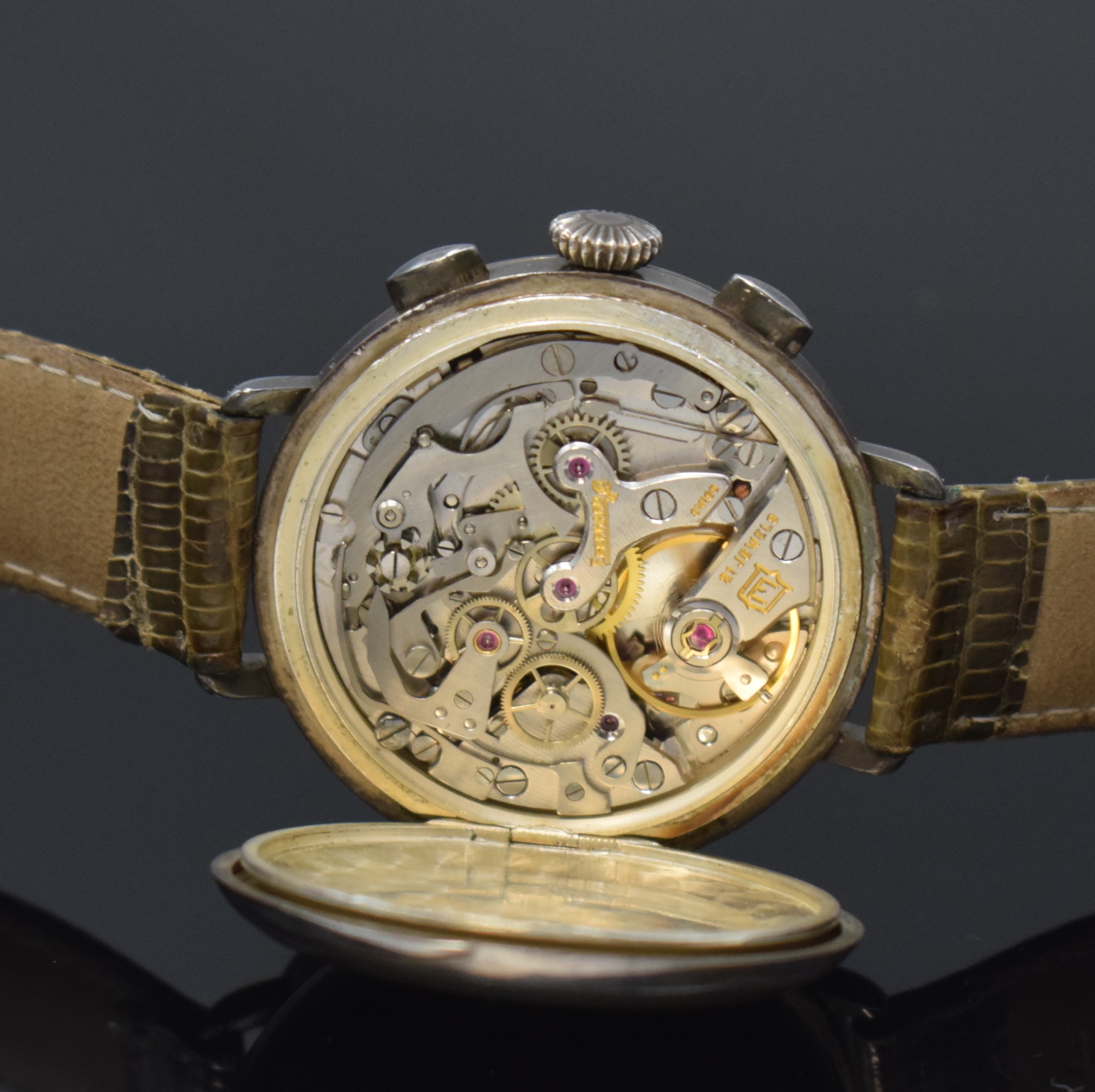 Detail g: EBERHARD & Co. Schaltradchronograph Kaliber 310-8 zum 100-jährigen Bestehen der Firma, Schweiz um 1987, Handaufzug, Sterlingsilber Scharniergeh., ...