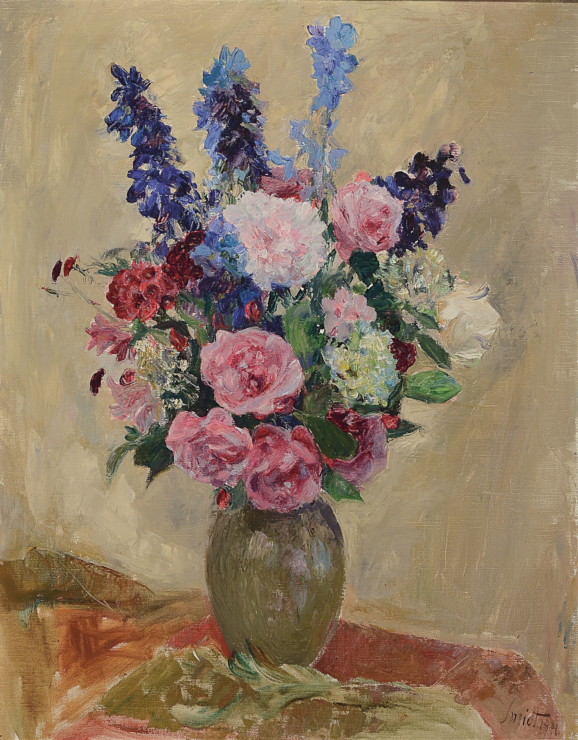 Emil Leonhard Smidt, 1878-1954, Blumenstillleben, Öl/Lwd, re. u. signiert, kleinere Farbfehlstellen, ca. 80x62cm, R. ca. 92x76cm