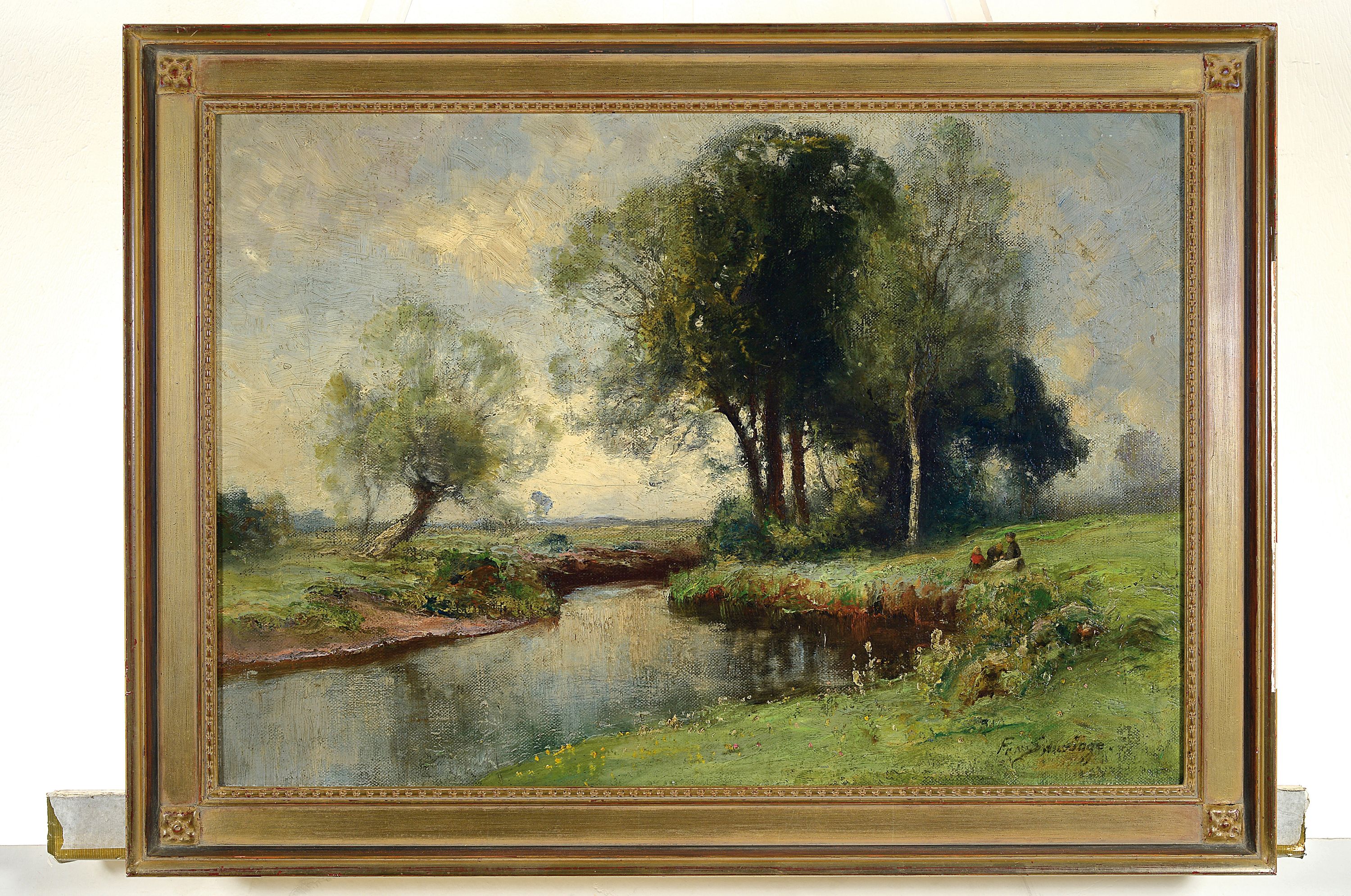 Detail k: Friedrich Schwinge, 1852-1913 Hamburg, drei Kinder am Ufer eines Bachlaufs in sommerlicher Landschaft, Öl/Lwd, rechts unten sign., ca. 42x60cm, R. ...