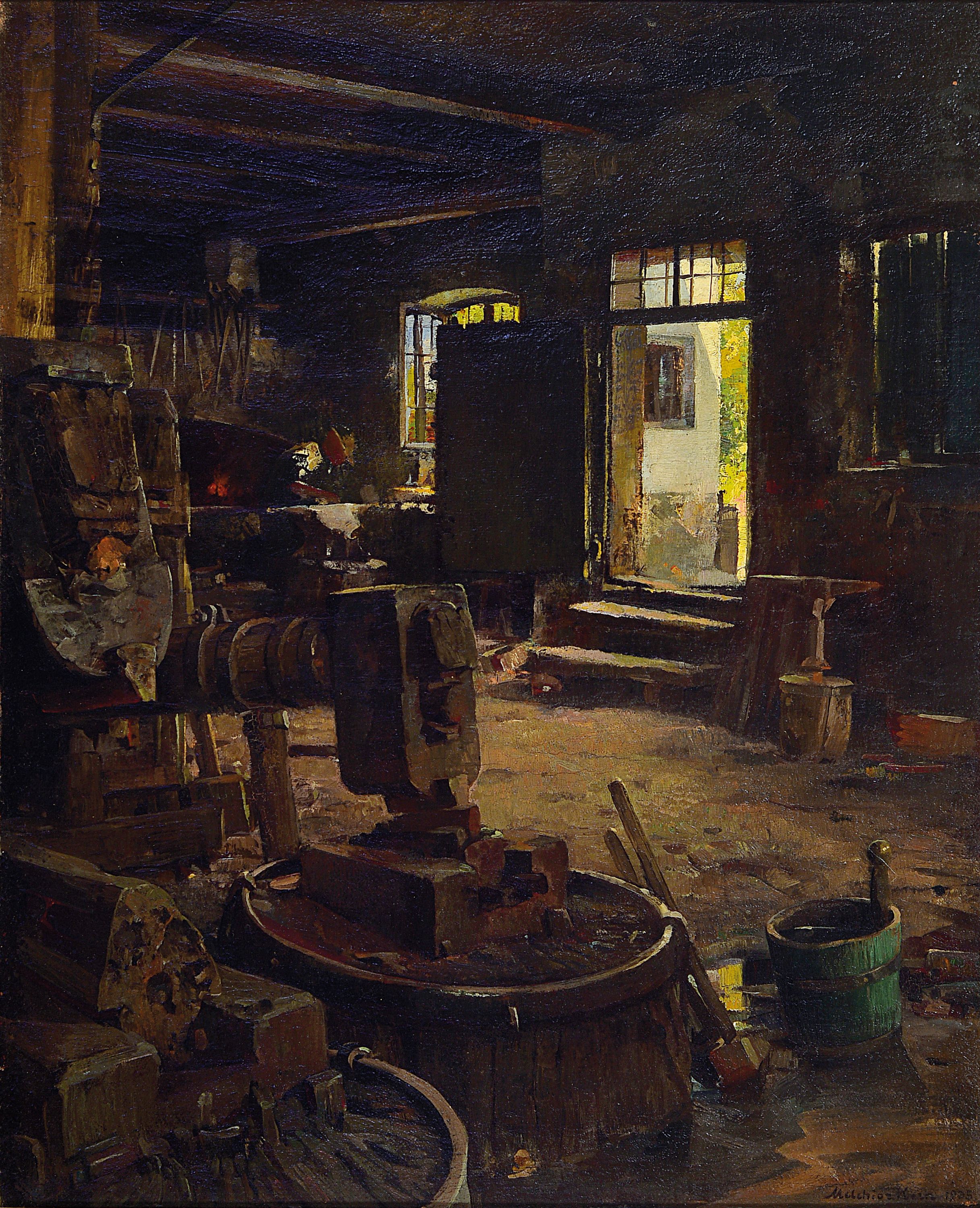 Melchior Kern, 1872 Mainz-1947 München, Hammerschmiede in Fürstenfeldbruck, rückseitigauf altem Etikett so betitelt, Öl/Lwd, rechts unten ...