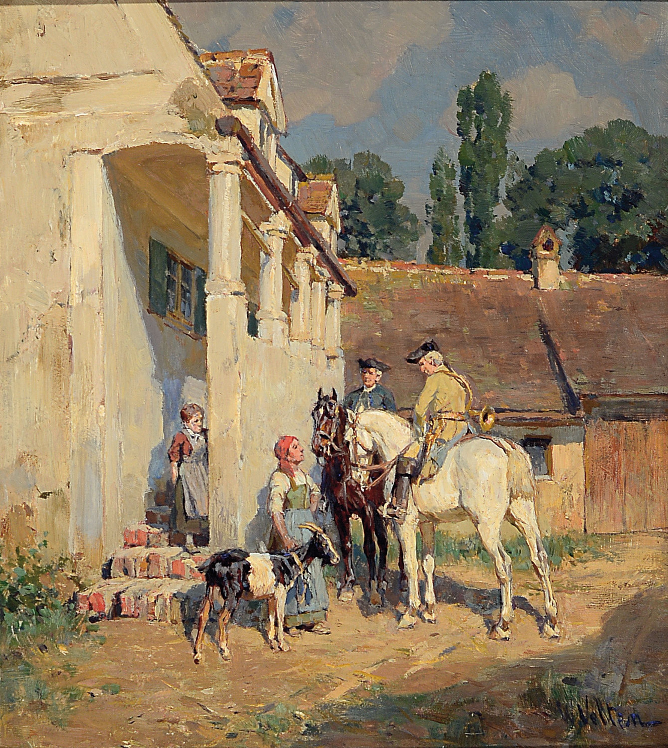 Wilhelm Velten, 1847 St. Petersburg-1929 München, zwei Reiter vor der Tür mit zwei jungen Frauen und einer Ziege, Öl/Holz, re. u. sign., ca. ...