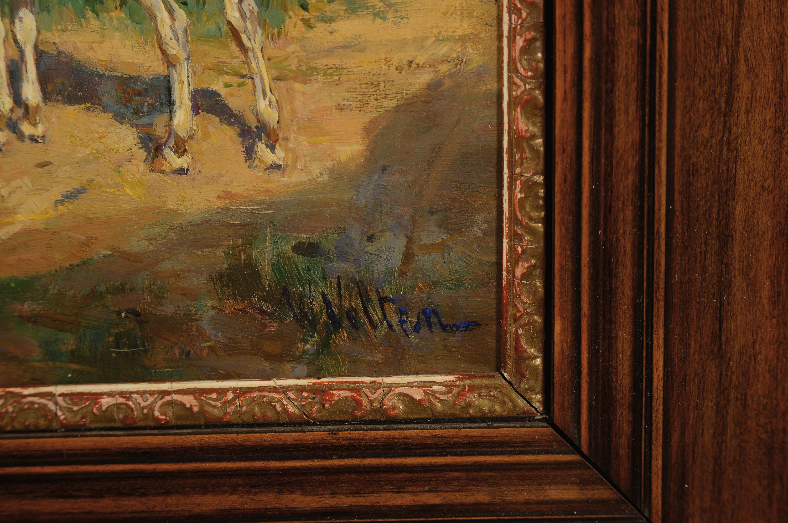 Detail a: Wilhelm Velten, 1847 St. Petersburg-1929 München, zwei Reiter vor der Tür mit zwei jungen Frauen und einer Ziege, Öl/Holz, re. u. sign., ca. ...