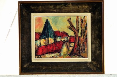 26755915k - Henry Maurice D#'Anty, 1910 Paris-1898, village view, probably Brittany, impasto paint application, oil/canvas, signed lower left, 22x27 cm, with velvet lined frame, 36x40 cm