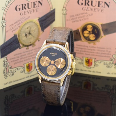 Image 26755968 - GRUEN "Georgine" 18k white/pink gold chronograph, Switzerland around 1994, manual winding, heavy case, snap on case back, black dial with rosé-gilded sub dials, rosé-gilded hands, rhodium plated movement calibre Lemania 1873, 17 jewels, precision adjustment, original sales brochure enclosed, diameter approx. 32 mm, condition 2