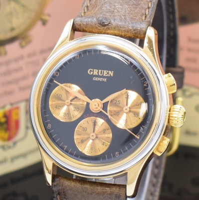 26755968a - GRUEN "Georgine" 18k white/pink gold chronograph, Switzerland around 1994, manual winding, heavy case, snap on case back, black dial with rosé-gilded sub dials, rosé-gilded hands, rhodium plated movement calibre Lemania 1873, 17 jewels, precision adjustment, original sales brochure enclosed, diameter approx. 32 mm, condition 2