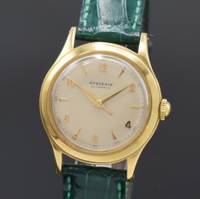 26755969a - HUGUENIN Automatic screwed 18k yellow gold wristwatch, Switzerland around 1955, solid two piece construction case, silvered original dial, applied gilded indices, gilded dauphine hands, sweep seconds, nickel plated movement calibre Felsa Bidynator, 17 jewels, diameter approx. 32 mm, overhaul recommended at buyer's expense, condition 2