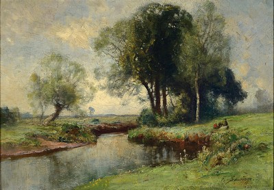 Image 26755989 - Friedrich Schwinge, 1852-1913 Hamburg, three children on the bank of a stream in a summer landscape, oil/canvas, right below sign., approx. 42x60cm, frame approx. 51x69cm
