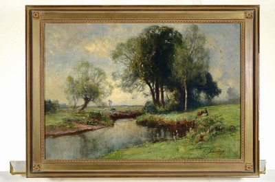 26755989k - Friedrich Schwinge, 1852-1913 Hamburg, three children on the bank of a stream in a summer landscape, oil/canvas, right below sign., approx. 42x60cm, frame approx. 51x69cm