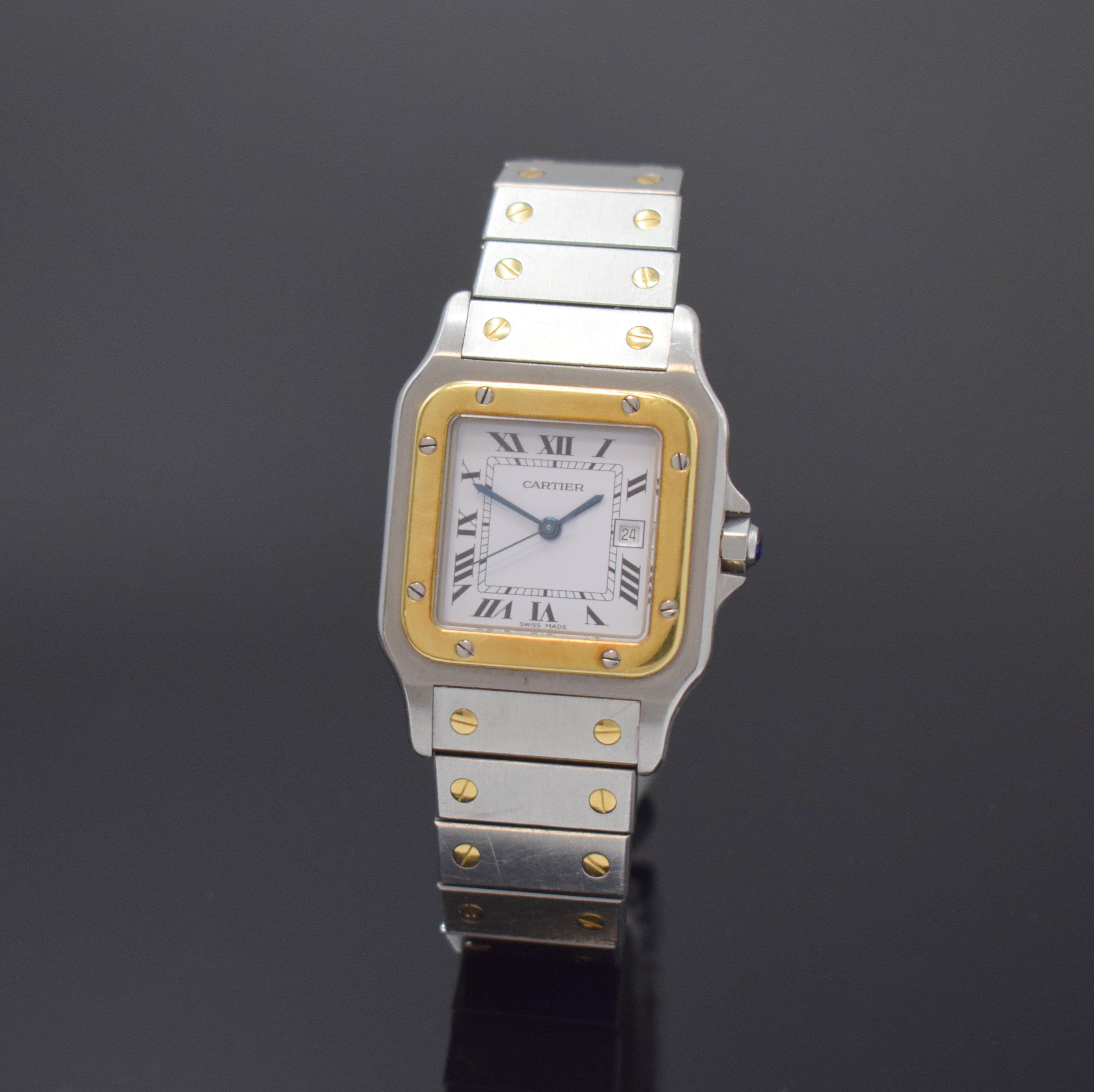 CARTIER Santos Herrenarmbanduhr, Schweiz um 1985, Automatik, Edelstahl/Gold kombiniert inkl. Gliederband m. Faltschl., Monocoque- Geh., Lünette ...