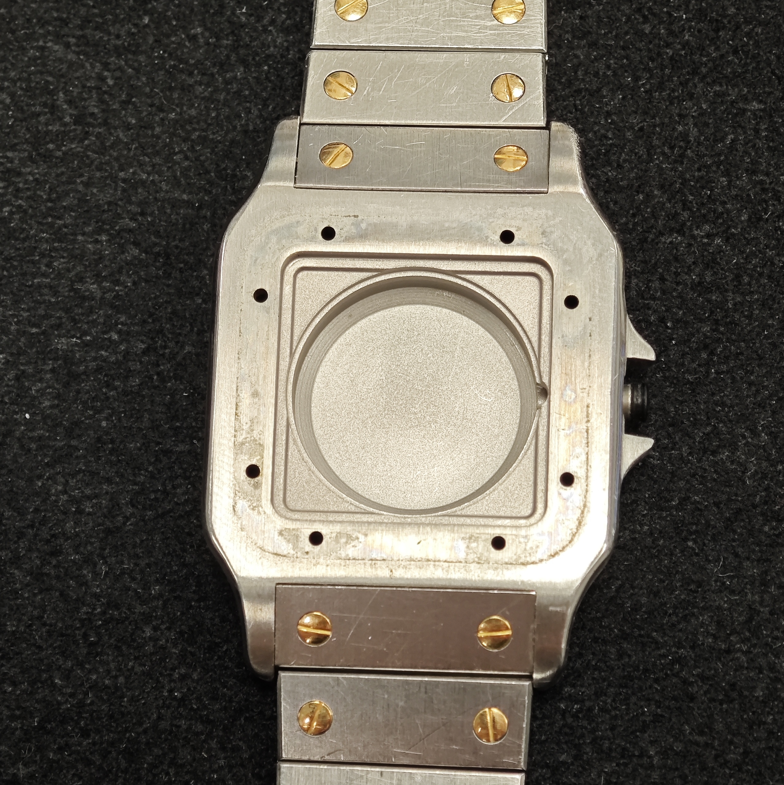 Detail g: CARTIER Santos Herrenarmbanduhr, Schweiz um 1985, Automatik, Edelstahl/Gold kombiniert inkl. Gliederband m. Faltschl., Monocoque- Geh., Lünette ...