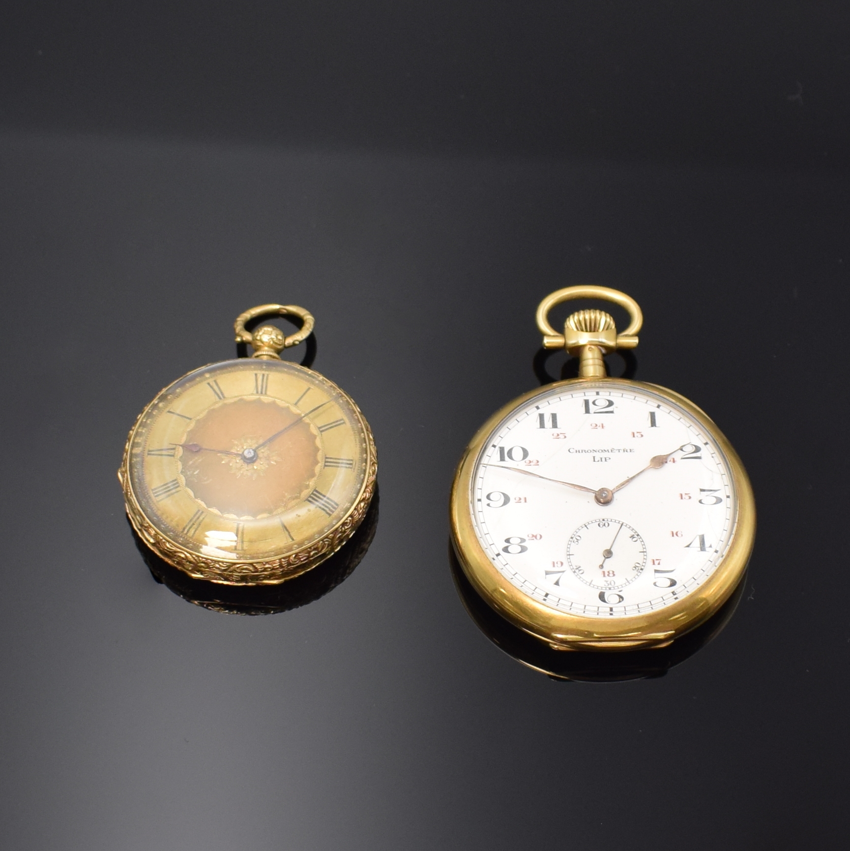 CHRONOMETRE LIP und eine weitere Taschenuhr in GG 750/000, Schweiz/Frankreich um 1880/1910, Kronenaufzug/Schlüsselaufzug, 1) LIP, streifenguill. ...
