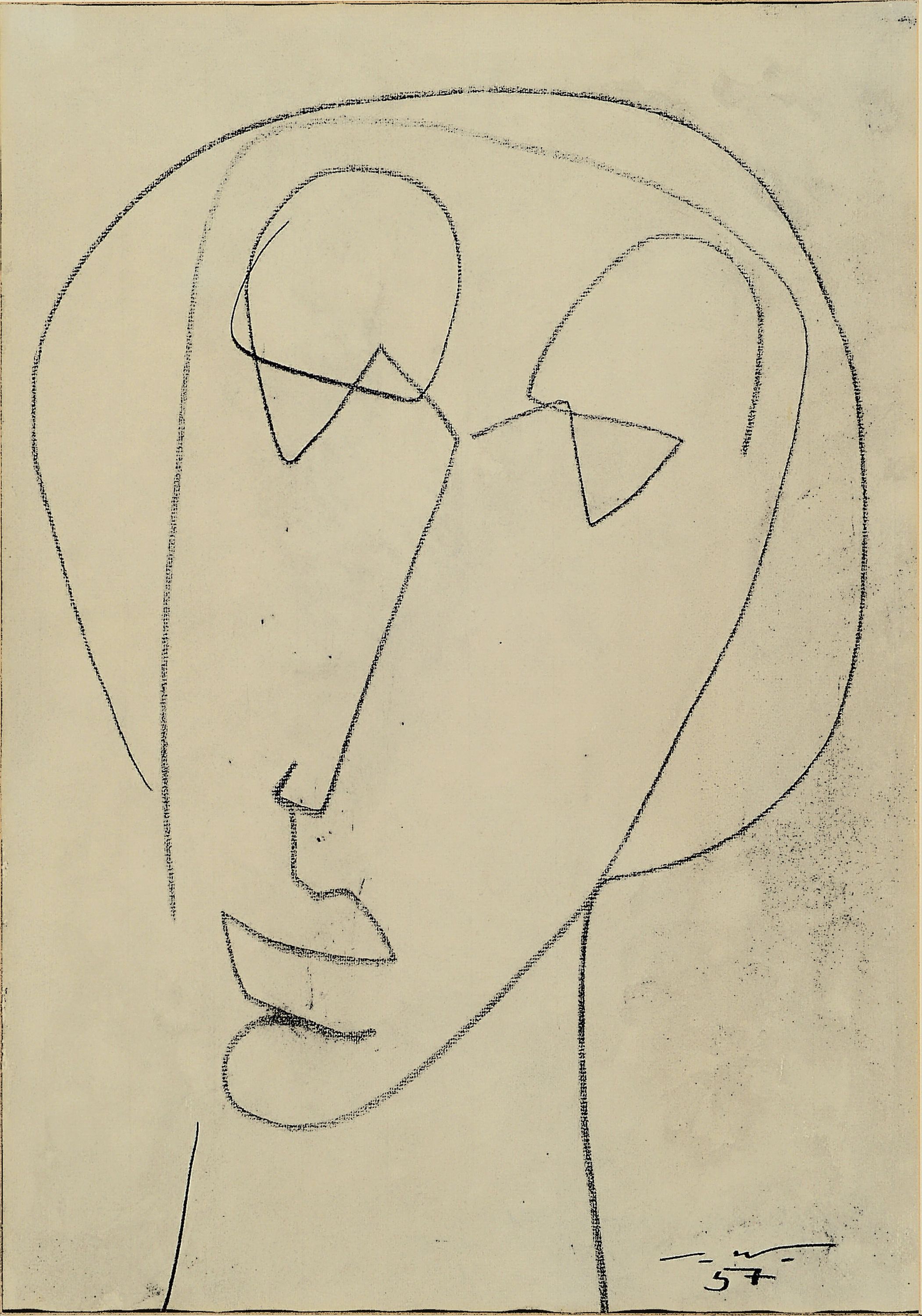 Seff Wedil, 1915 Eger-1972 Inning, "linearerKopf", lavierte Bleistiftzeichnung, signiert und datiert 1957, unter Glas gerahmt 63x50 cm