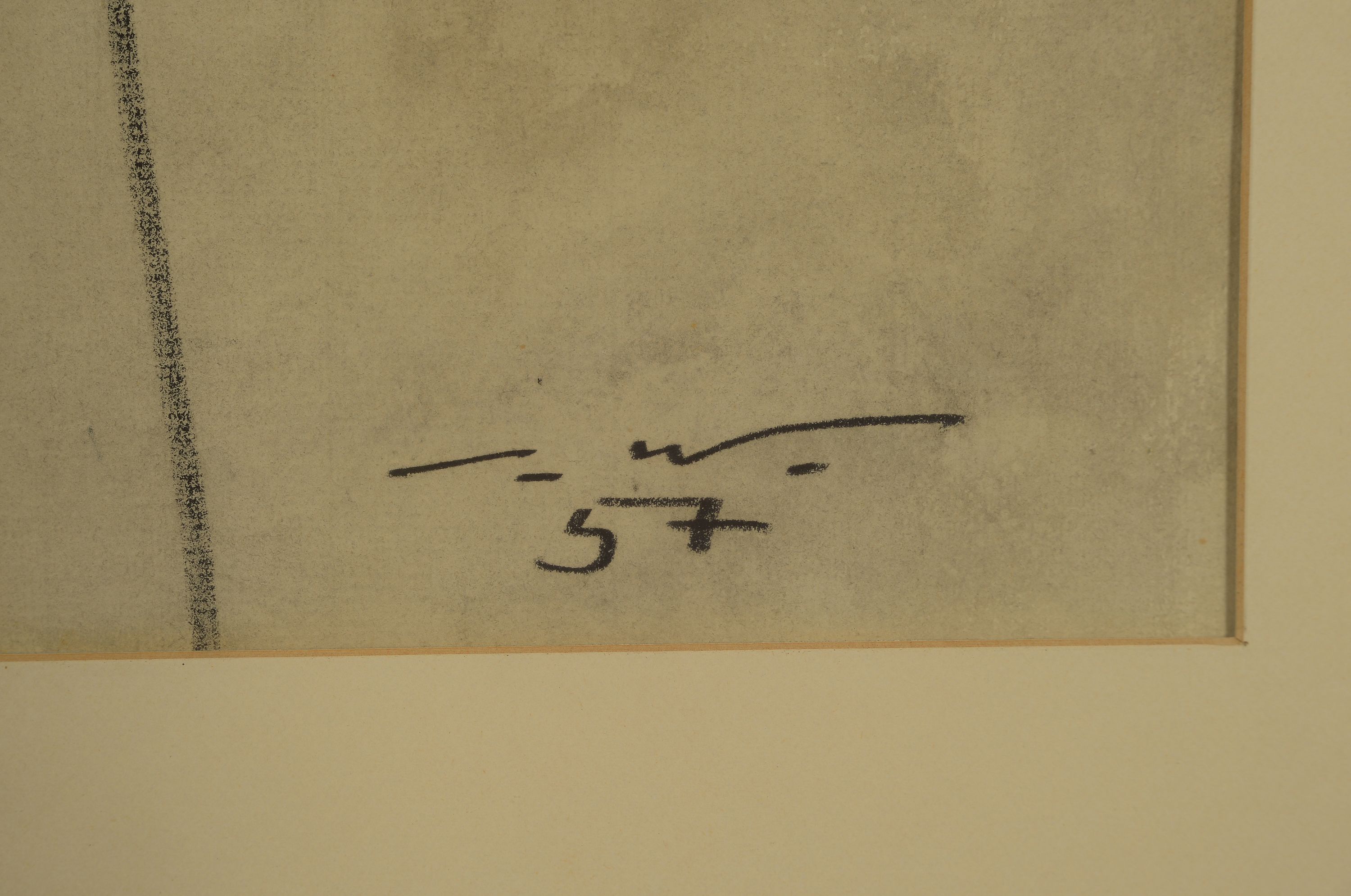 Detail a: Seff Wedil, 1915 Eger-1972 Inning, "linearerKopf", lavierte Bleistiftzeichnung, signiert und datiert 1957, unter Glas gerahmt 63x50 cm