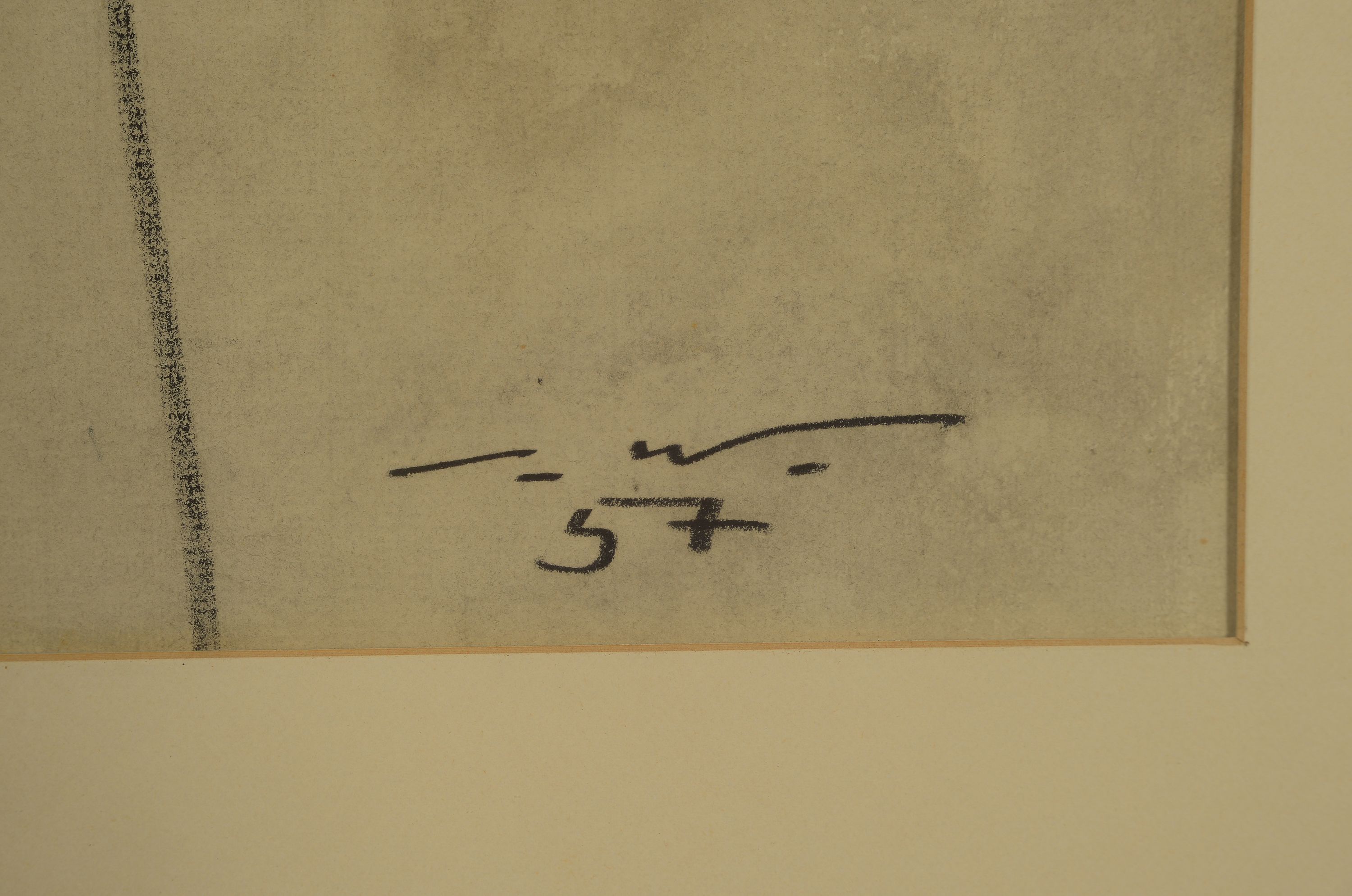 Detail l: Seff Wedil, 1915 Eger-1972 Inning, "linearerKopf", lavierte Bleistiftzeichnung, signiert und datiert 1957, unter Glas gerahmt 63x50 cm