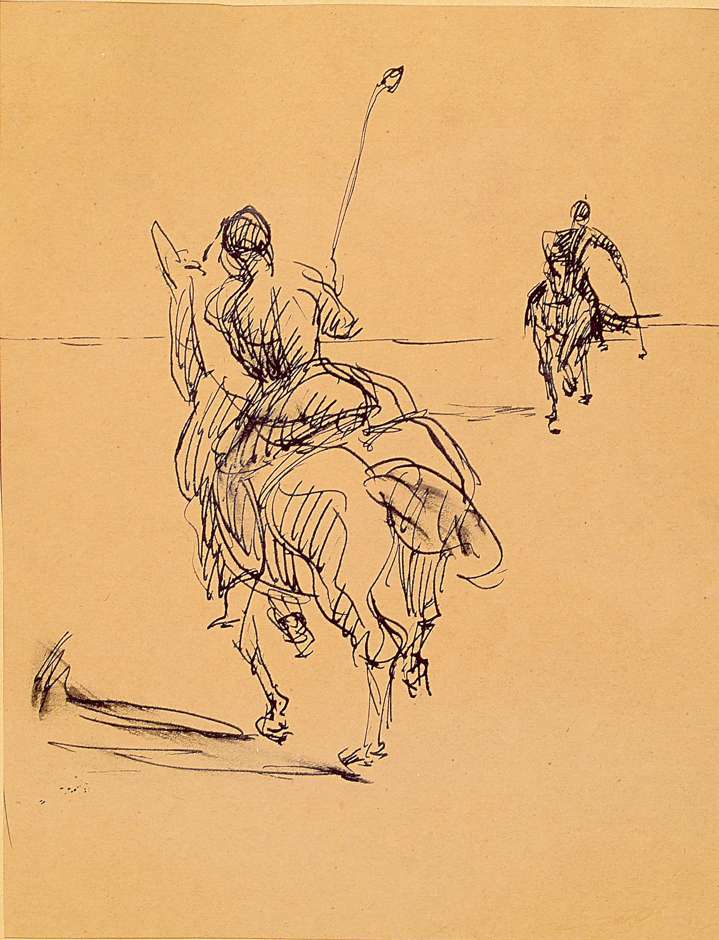 Seff Weidl, 1915 Eger-1972 Inning, Federzeichnung, "Polospieler" 1964, unter Glasgerahmt 41x31 cm