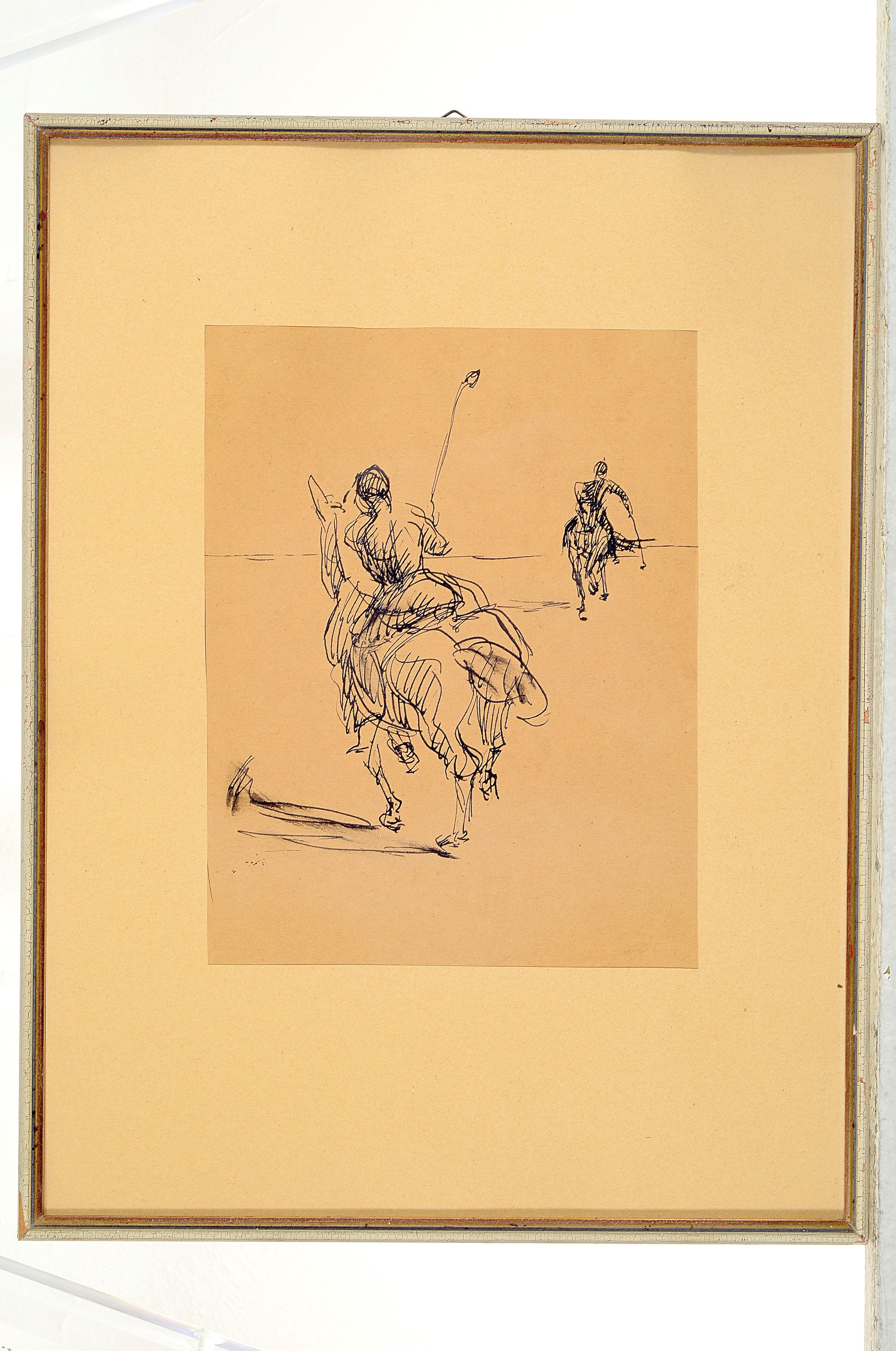 Detail k: Seff Weidl, 1915 Eger-1972 Inning, Federzeichnung, "Polospieler" 1964, unter Glasgerahmt 41x31 cm