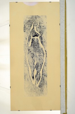 26756590k - Seff Weidl, 1915 Eger-1972 Inning, woodcut, "standing tall woman", signed and dated 1950, framed under glass 74x35 cm