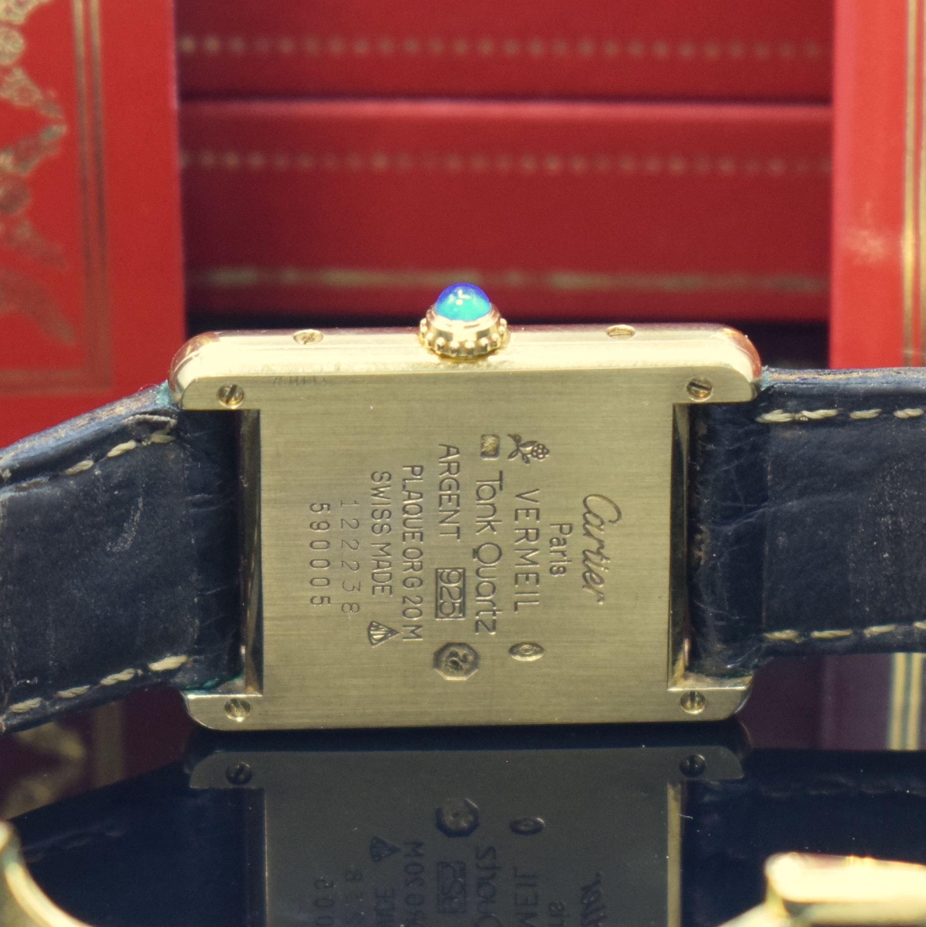 Detail d: CARTIER Damenarmbanduhr Tank Vermeil Referenz 590005, Schweiz verk. lt. beil. Pap. 06/1995, quarz, 2-teil., verg. Silbergeh. inkl. Lederband (zu ...