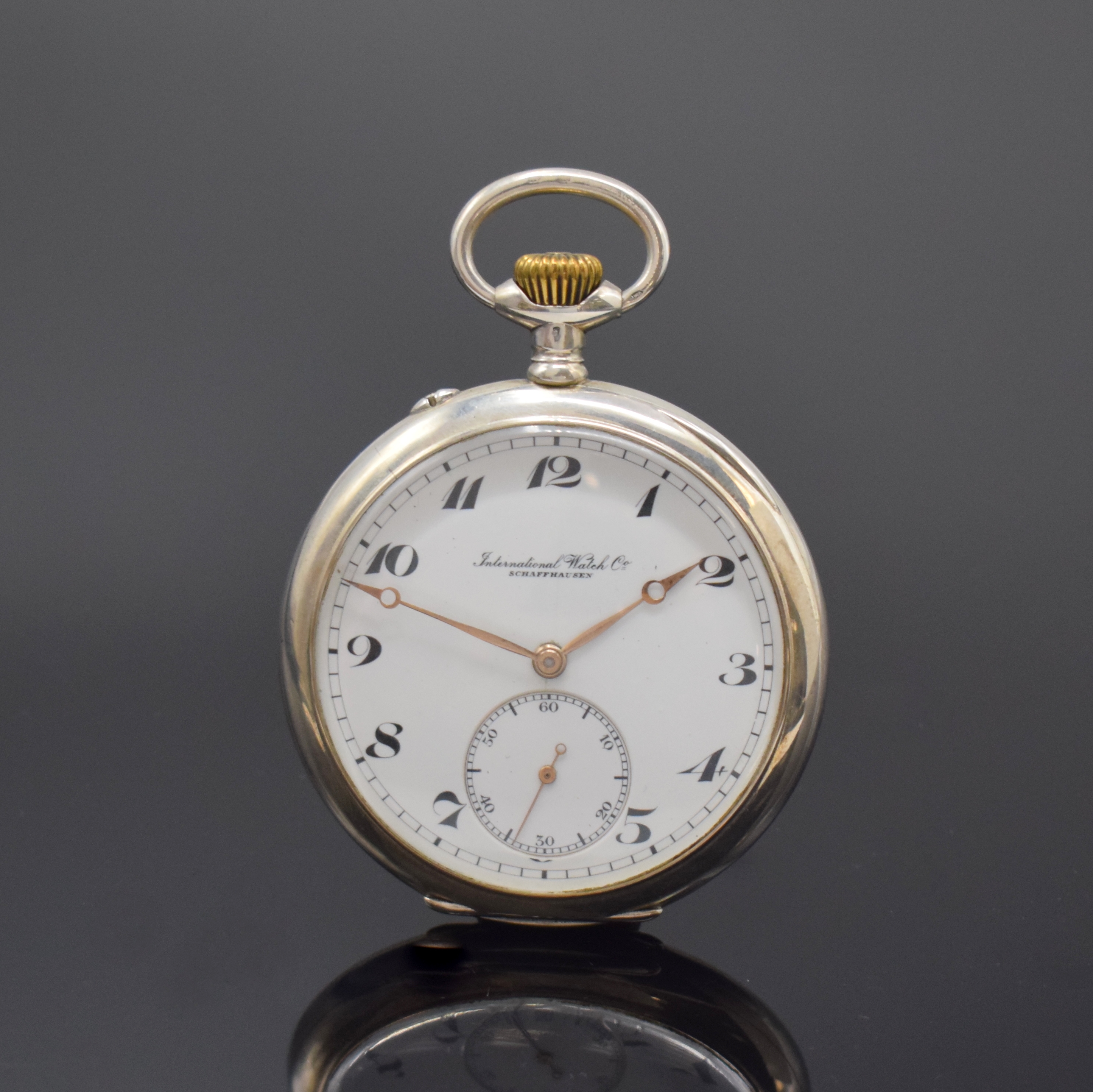 IWC offene Herrentaschenuhr in Silber, Schweiz um 1917, glattes Geh., sign. 2-tlg. Emailzifferbl. riss., Breguetzahlen, gold. Breguetzeiger, verg. ...