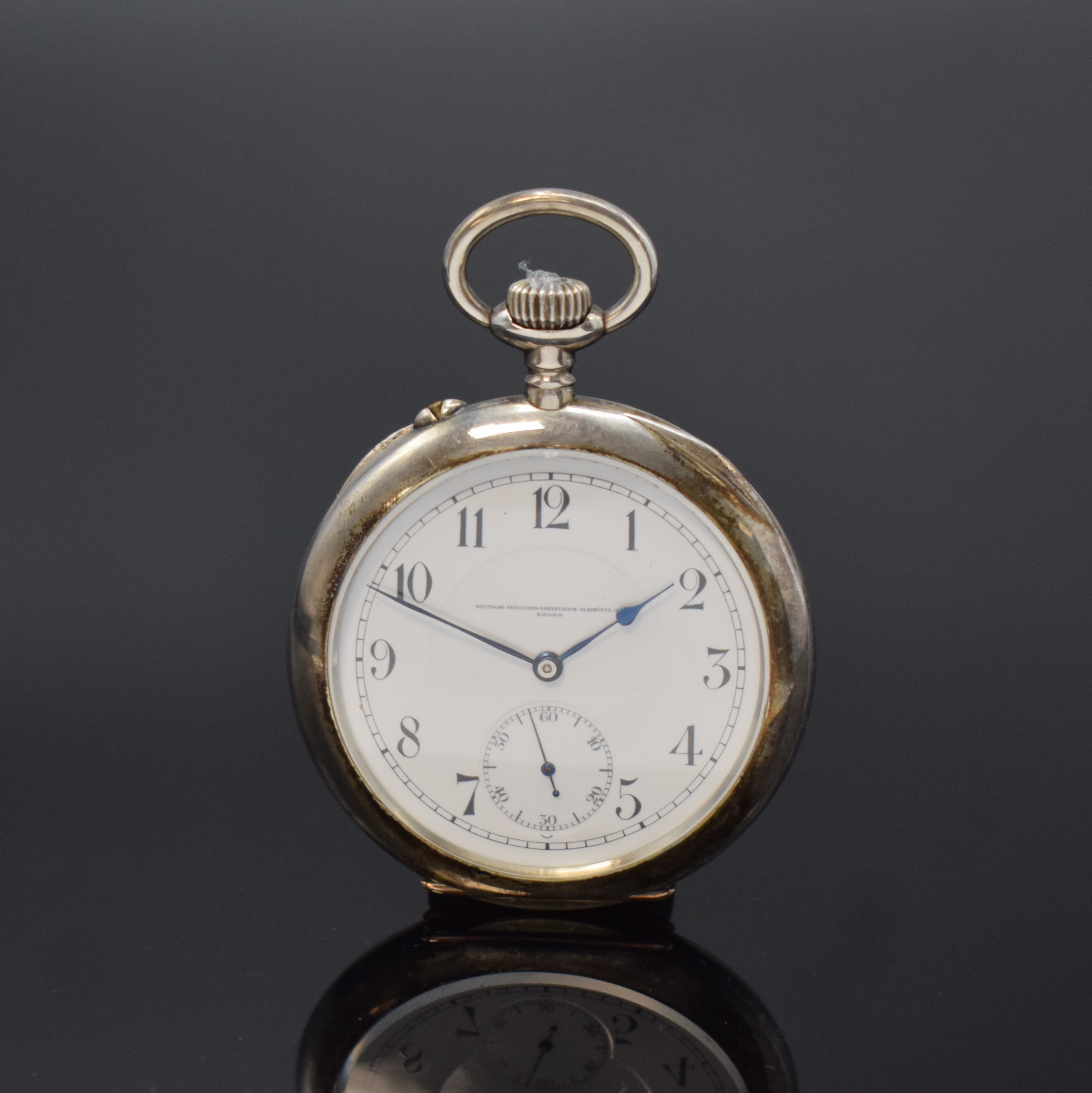 DEUTSCHE PRÄZISIONS-UHRENFABRIK GLASHÜTTE E.G.M.B.H. offene Taschenuhr in Silber, Deutschland um 1920, glattes Lucia-Geh., Goldscharniere, ...