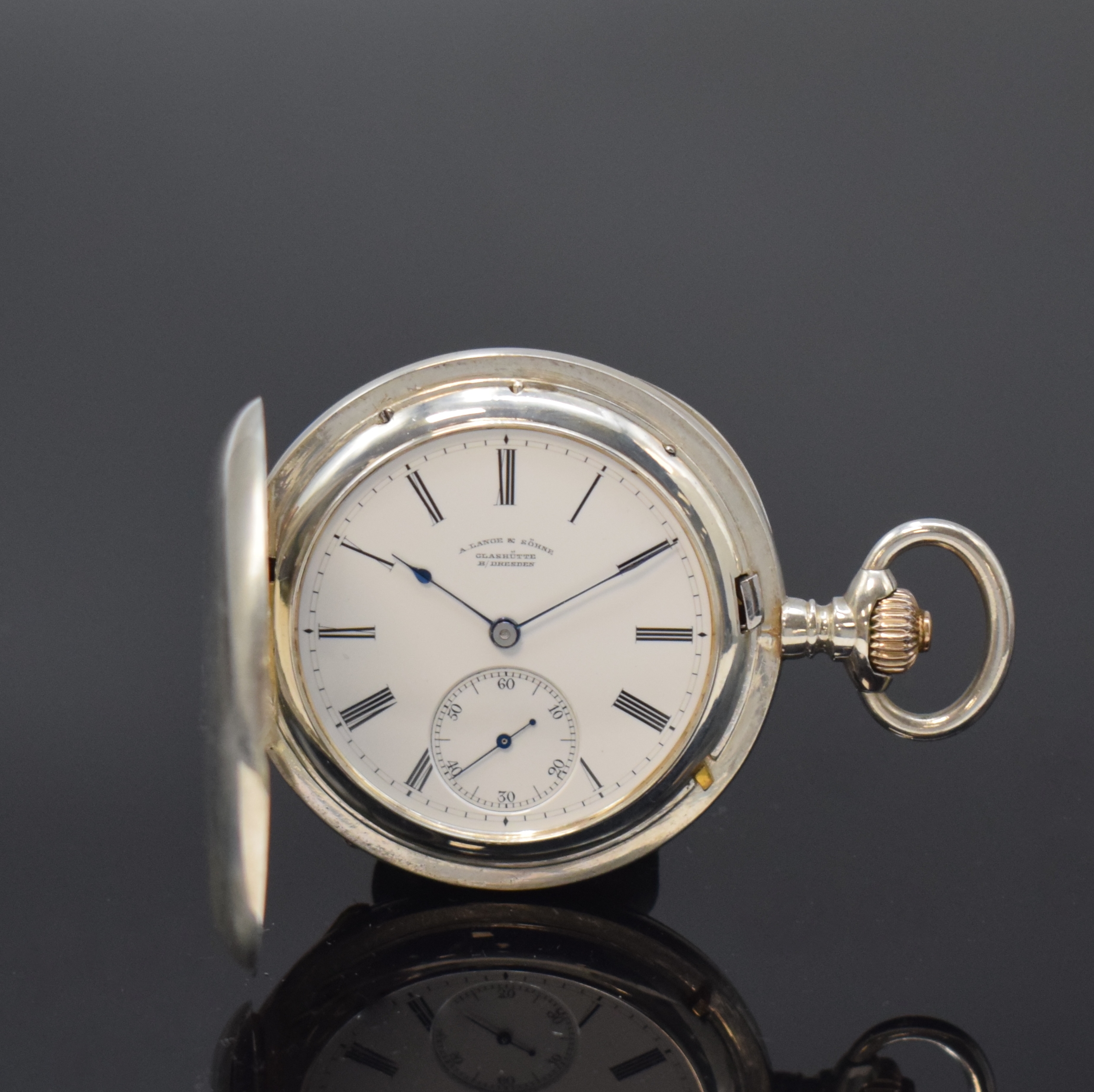 A. LANGE & SÖHNE Glashütte B/Dresden Herrensavonette in Silber, Deutschland um 1890, glattes Lucia Geh., versetzte Goldscharniere, Emailzifferbl. ...