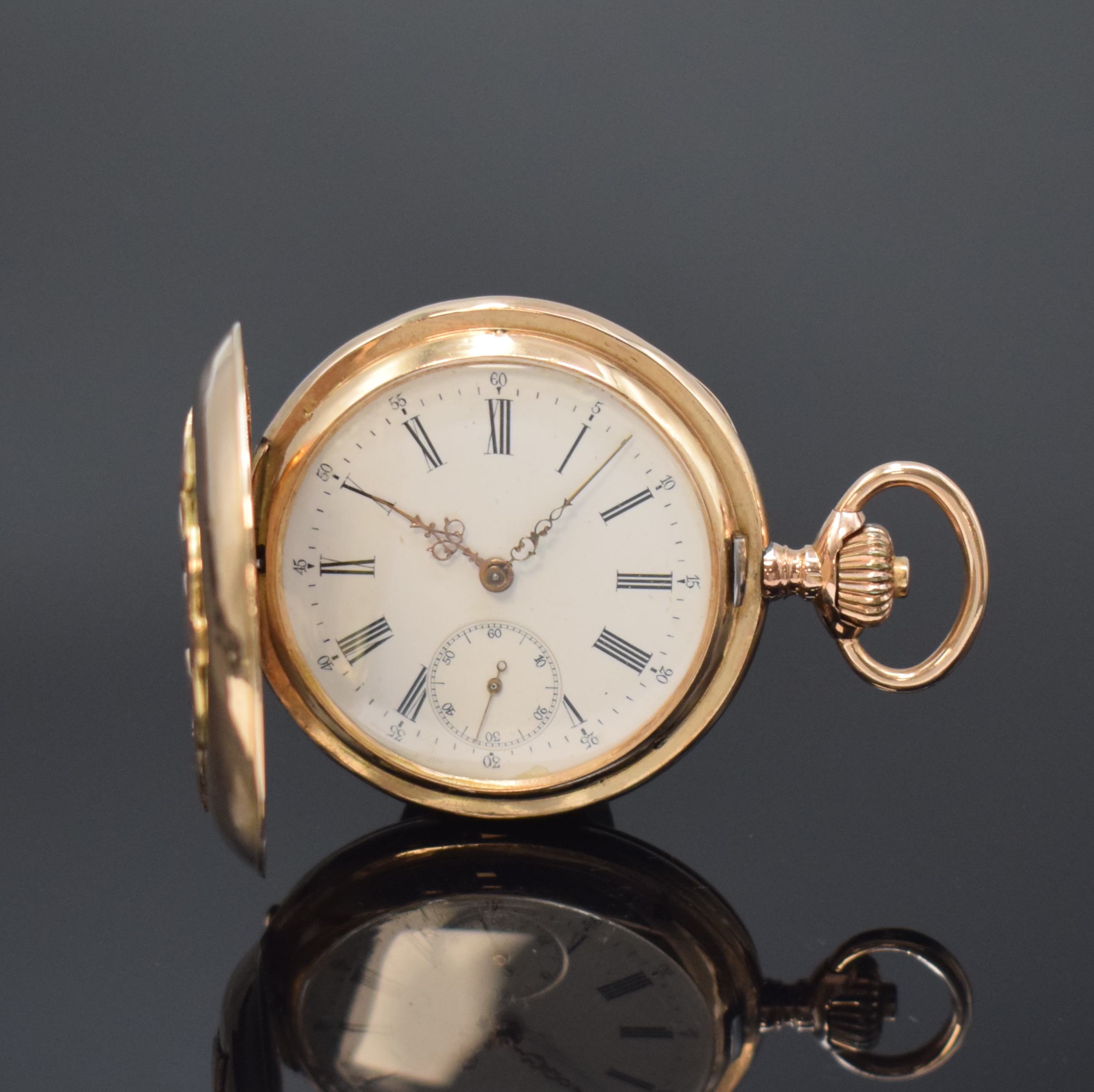 IWC Herrensavonette in RG 585/000, Schweiz um 1895, 2-Deckel Goldgeh., aufges. Monogramm, Sprungdeckel-Scharnier rep., Emailzifferbl. besch., gold. ...