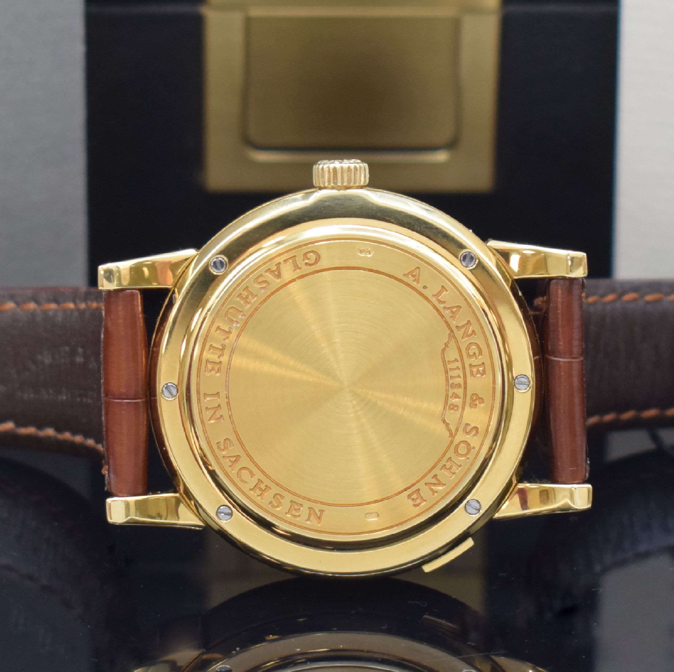 Detail f: A. LANGE & SÖHNE sehr seltene frühe Lange 1 Referenz 101.001 in GG 750/000, Handaufzug, noch massiver Goldboden 6-fach verschr., innenbez. R.101, ...
