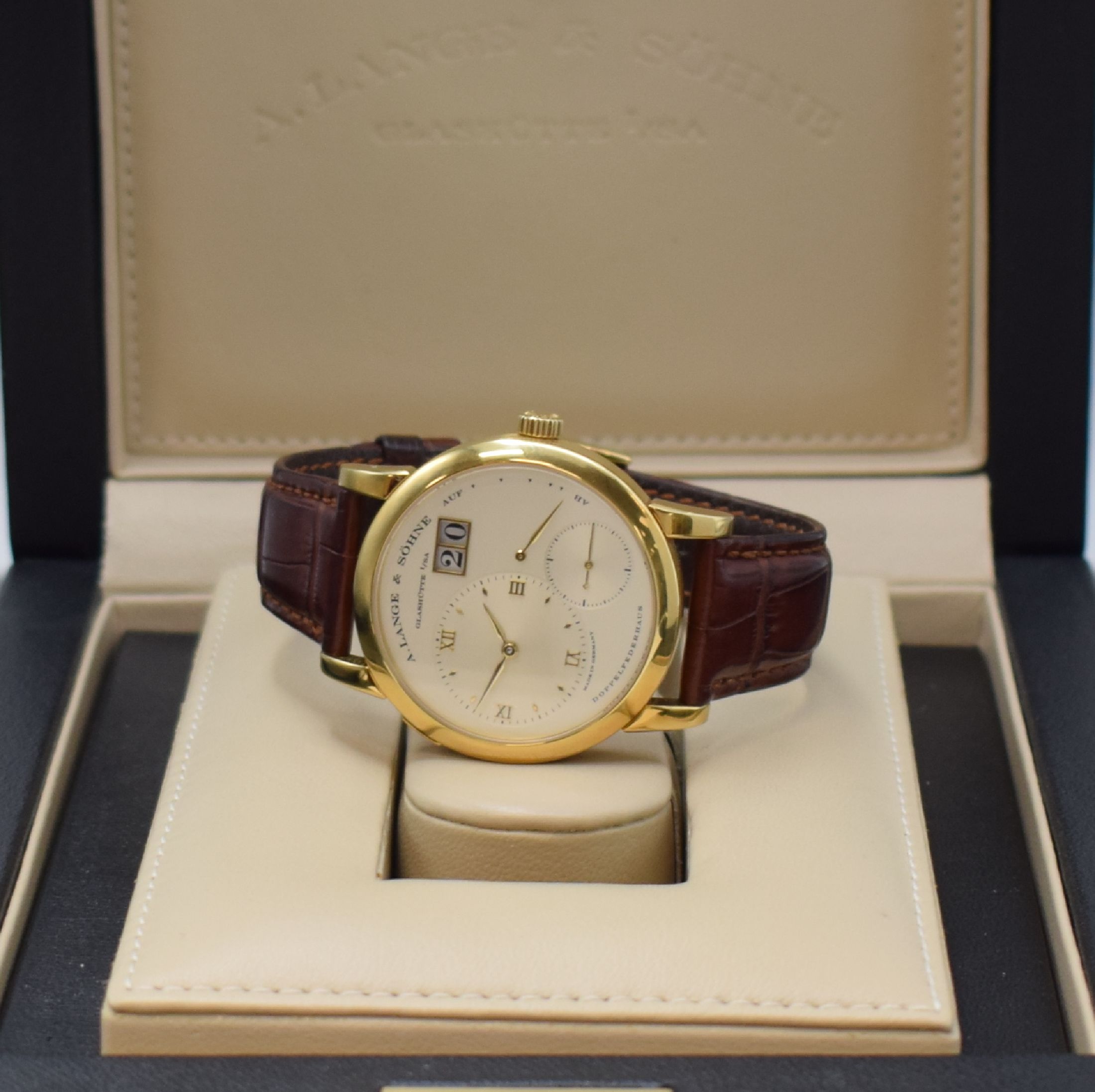 Detail k: A. LANGE & SÖHNE sehr seltene frühe Lange 1 Referenz 101.001 in GG 750/000, Handaufzug, noch massiver Goldboden 6-fach verschr., innenbez. R.101, ...