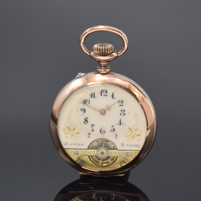 Image 26756907 - HEBDOMAS 8 days pocket watch in silver, Switzerland around 1910, engine-turned case, 3/4-enamel dial, beneath visible balance, gold plated movement with rear site big barrel, screw balance with Breguet-hairspring, diameter approx. 50 mm, condition 2