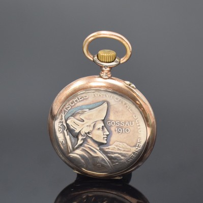 26756932a - IWC shooting contest pocket watch "St. Gallisches Kantonal-Schützenfest Gossau 1910" in silver, Switzerland 1910, relief-case with gold plated edges signed "Holy fs" rubbed, medals-engraving on cuvette, enamel dial with Arabic numerals, constant second at 6, hands later, gold plated movement calibre 52, 15 jewels, 3 screwed chatons, compensation- balance with Breguet-hairspring, precision adjustment, diameter approx. 52 mm, condition 2-3